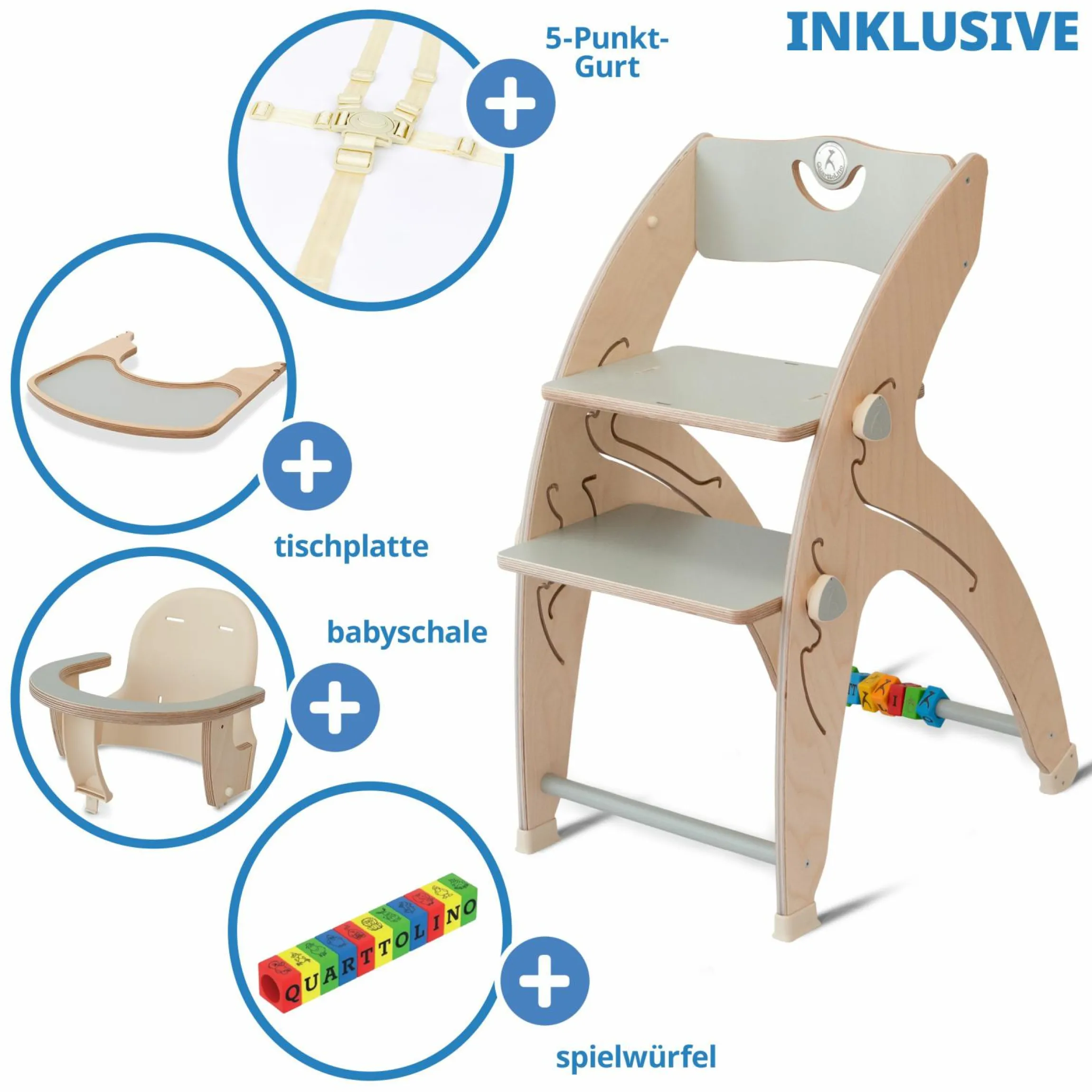 Multifunktionaler Hochstuhl-Set inkl. Babysitz, Tischplatte, Spielwürfel, Sicherheitsgurt - Hochstuhl, Schaukel, Treppe, Lerntower & Babywippe in einem bis 150 kg nutzbar - Grau - Kollektion 2024