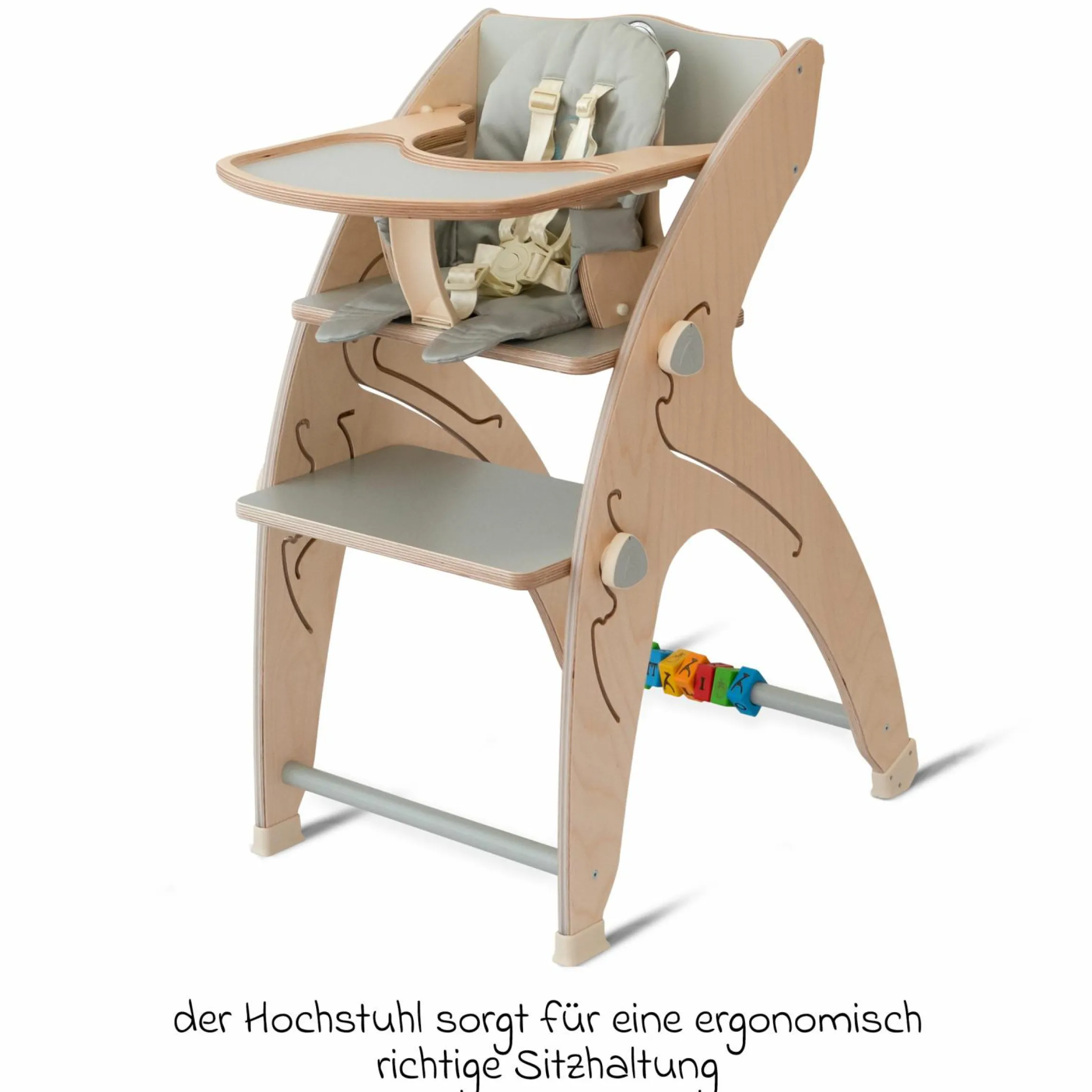Multifunktionaler Hochstuhl-Set inkl. Babysitz, Tischplatte, Spielwürfel, Sicherheitsgurt - Hochstuhl, Schaukel, Treppe, Lerntower & Babywippe in einem bis 150 kg nutzbar - Grau - Kollektion 2024