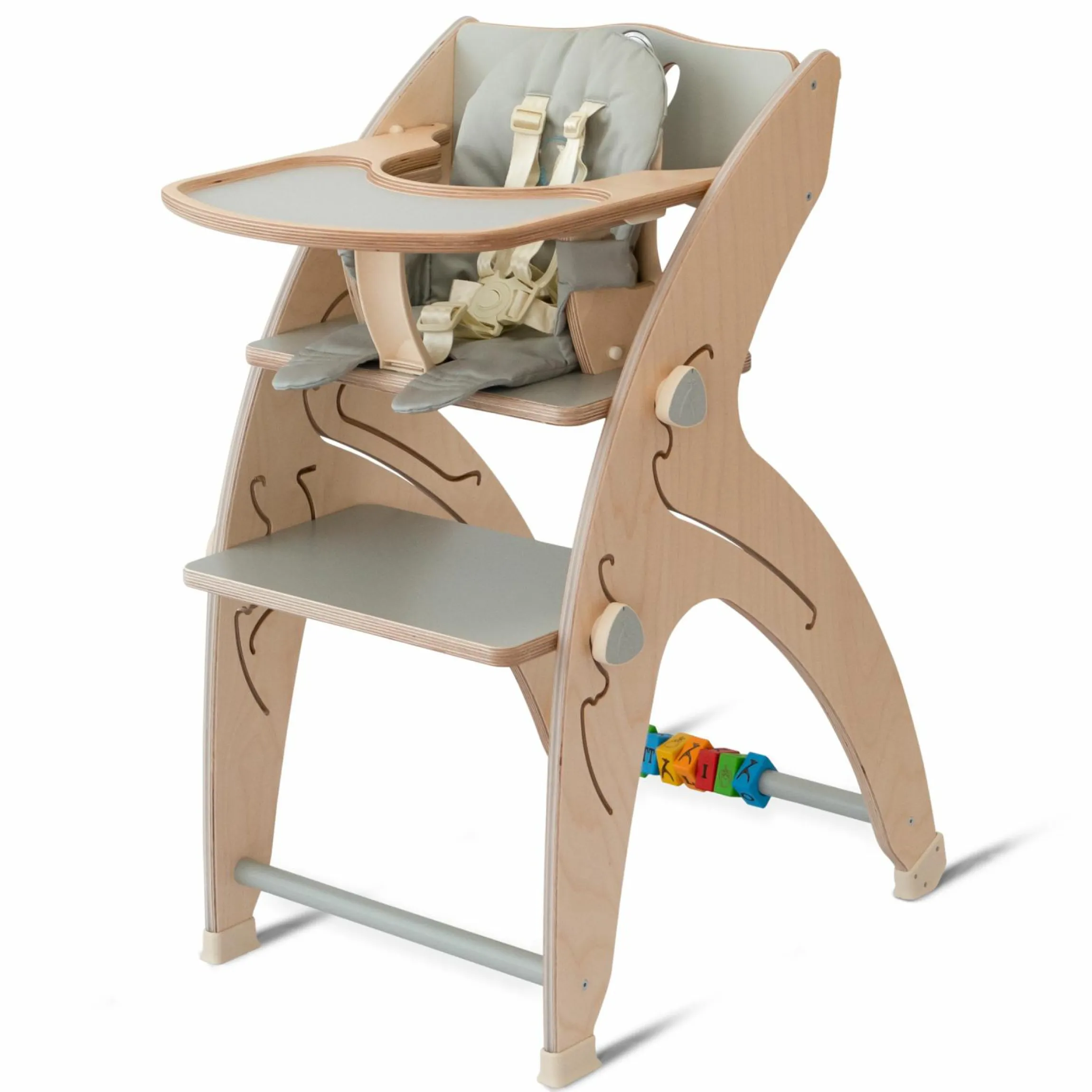 Multifunktionaler Hochstuhl-Set inkl. Babysitz, Tischplatte, Spielwürfel, Sicherheitsgurt - Hochstuhl, Schaukel, Treppe, Lerntower & Babywippe in einem bis 150 kg nutzbar - Grau - Kollektion 2024