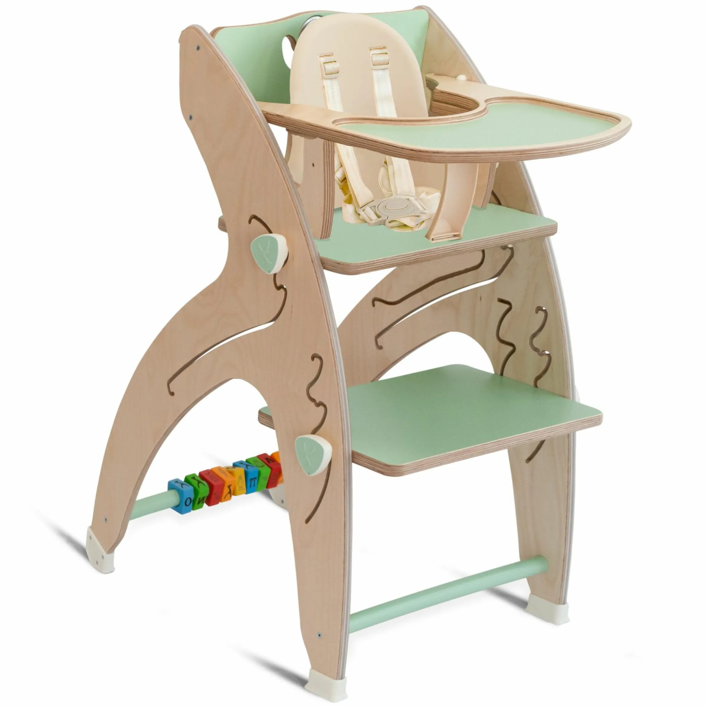 Multifunktionaler Hochstuhl-Set inkl. Babysitz, Tischplatte, Spielwürfel, Sicherheitsgurt - Hochstuhl, Schaukel, Treppe, Lerntower & Babywippe in einem bis 150 kg nutzbar - Grün - Kollektion 2024