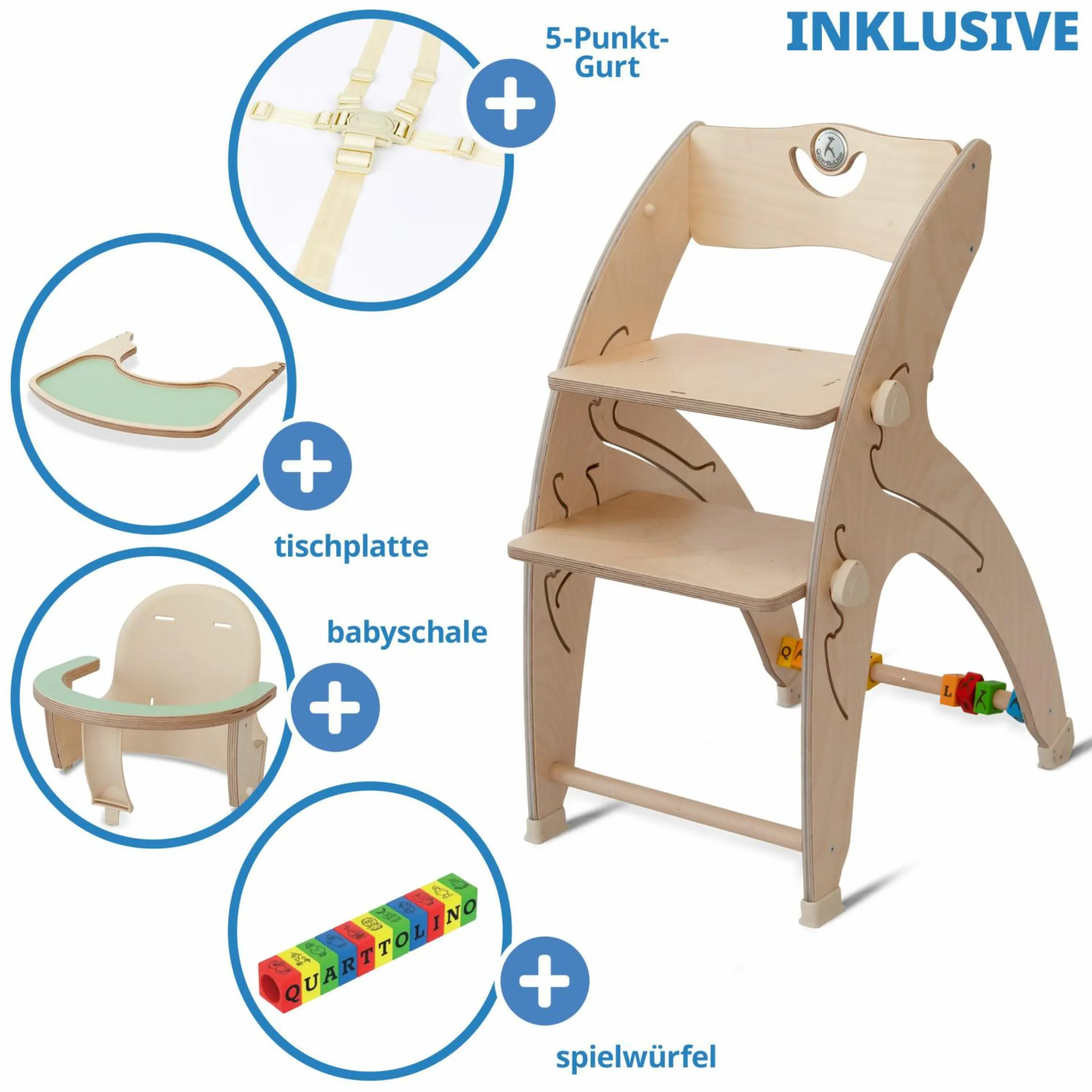 Multifunktionaler Hochstuhl-Set inkl. Babysitz, Tischplatte, Spielwürfel, Sicherheitsgurt - Hochstuhl, Schaukel, Treppe, Lerntower & Babywippe in einem bis 150 kg nutzbar - Grün - Kollektion 2024