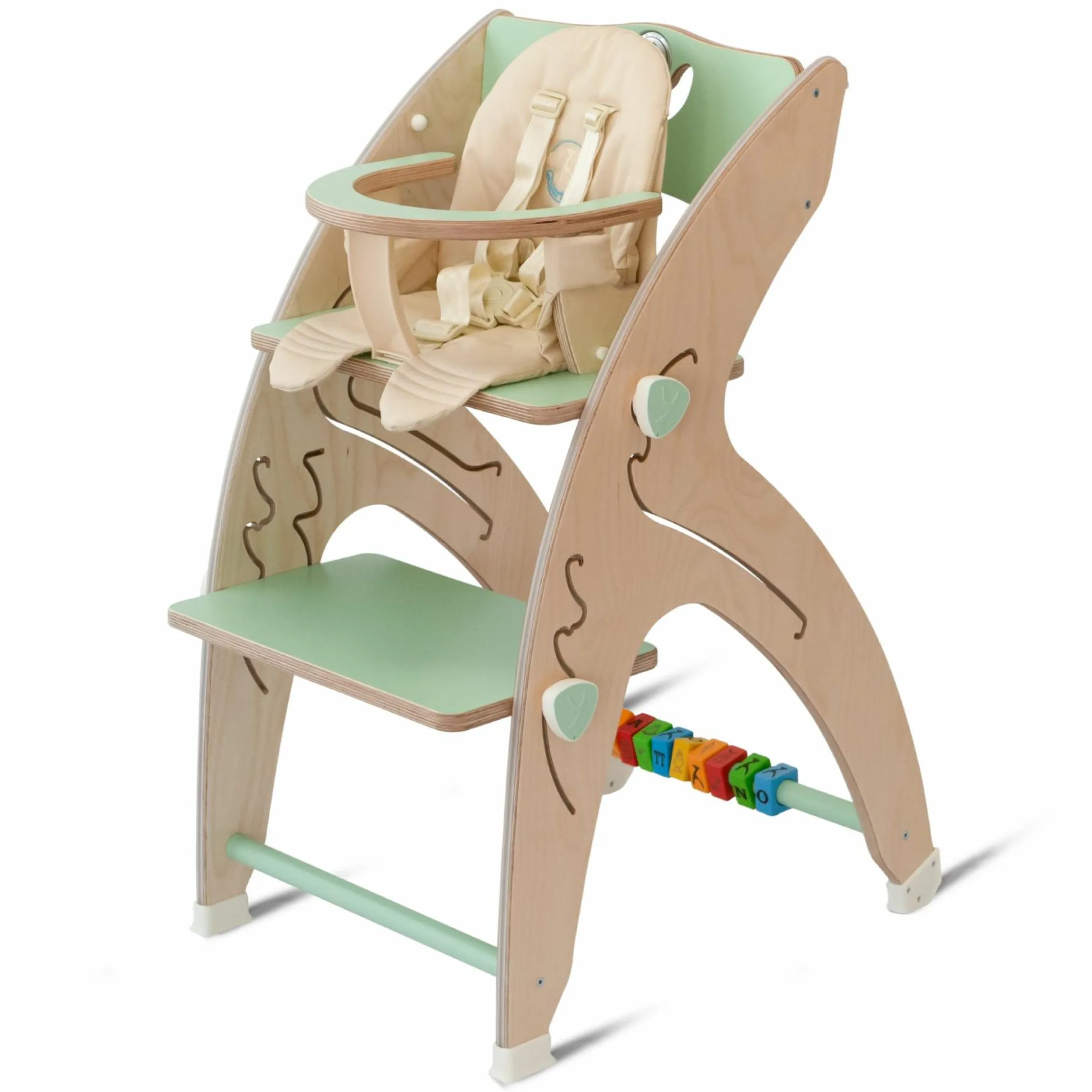 Multifunktionaler Hochstuhl-Set inkl. Babysitz, Tischplatte, Spielwürfel, Sicherheitsgurt - Hochstuhl, Schaukel, Treppe, Lerntower & Babywippe in einem bis 150 kg nutzbar - Grün - Kollektion 2024