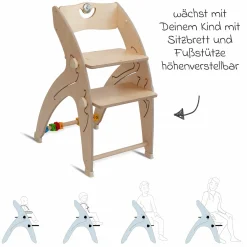 Multifunktionaler Hochstuhl aus Holz - Hochstuhl, Schaukel, Treppe, Lerntower & Babywippe in einem bis 150 kg nutzbar - Natur - Kollektion 2024