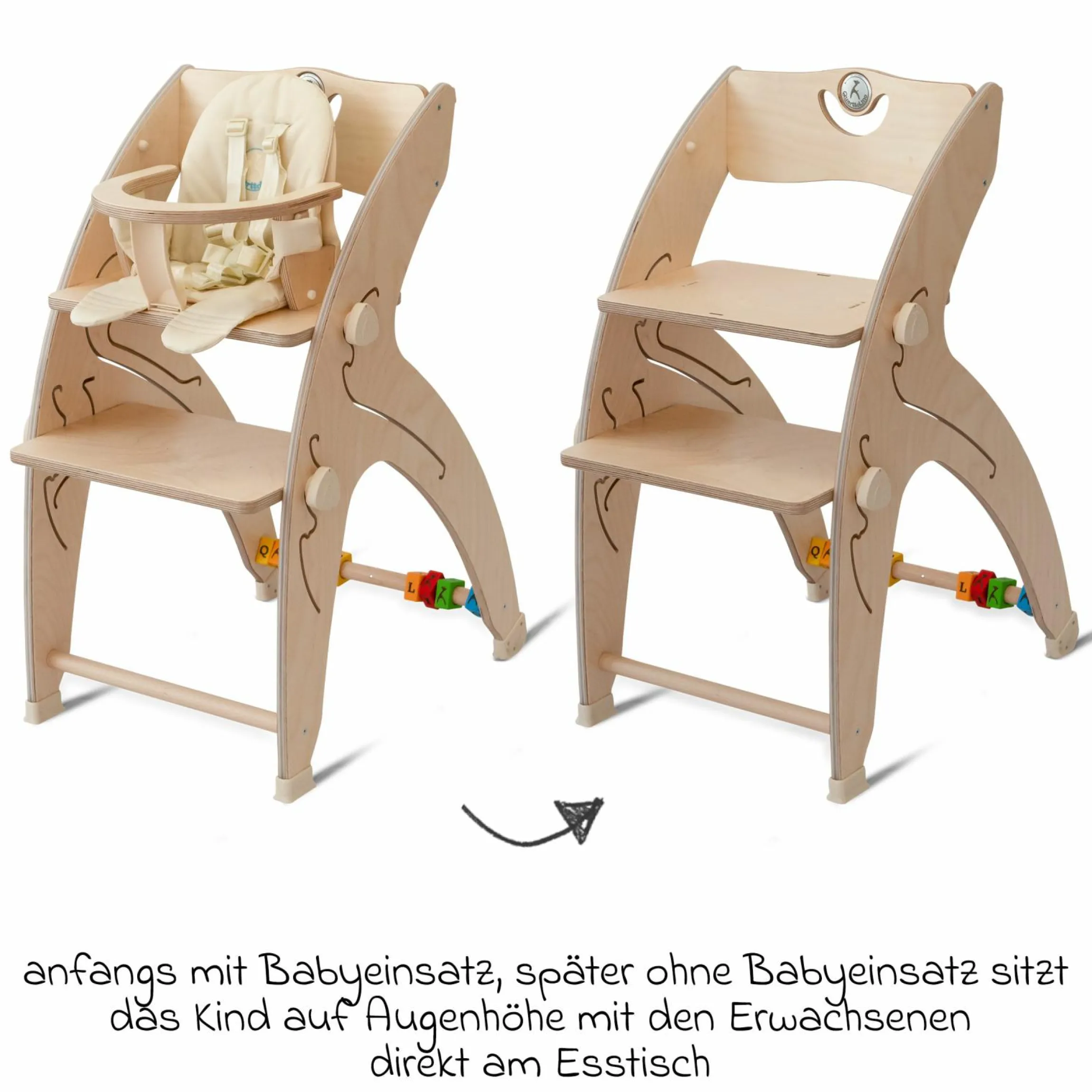 Multifunktionaler Hochstuhl aus Holz - Hochstuhl, Schaukel, Treppe, Lerntower & Babywippe in einem bis 150 kg nutzbar - Natur - Kollektion 2024