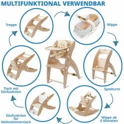 Multifunktionaler Hochstuhl aus Holz - Hochstuhl, Schaukel, Treppe, Lerntower & Babywippe in einem bis 150 kg nutzbar - Natur - Kollektion 2024