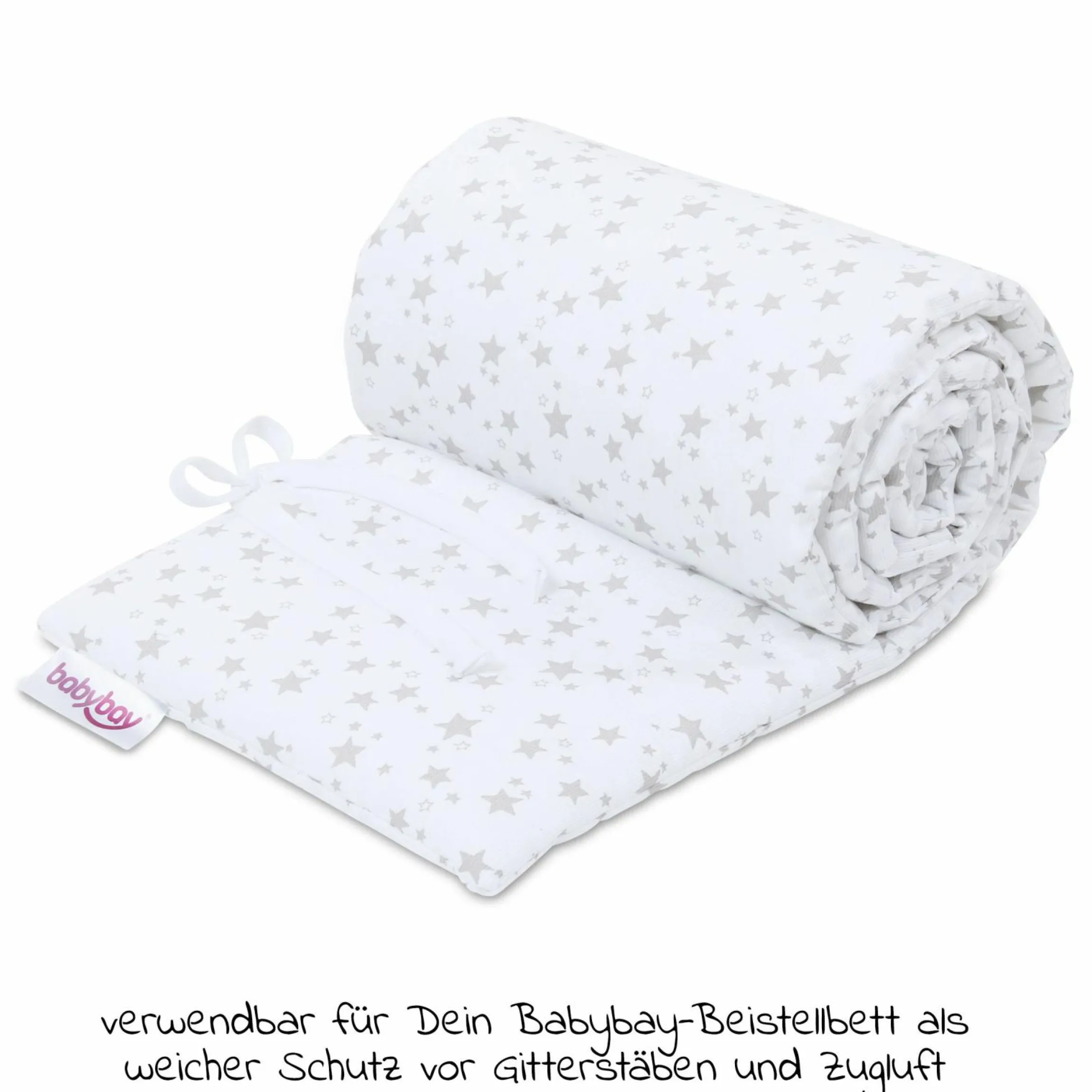 Nestchen aus Piqué für Beistellbett Maxi, Boxspring, Comfort, Comfort Plus - Sterne Perlgrau - Weiß - Kollektion 2024