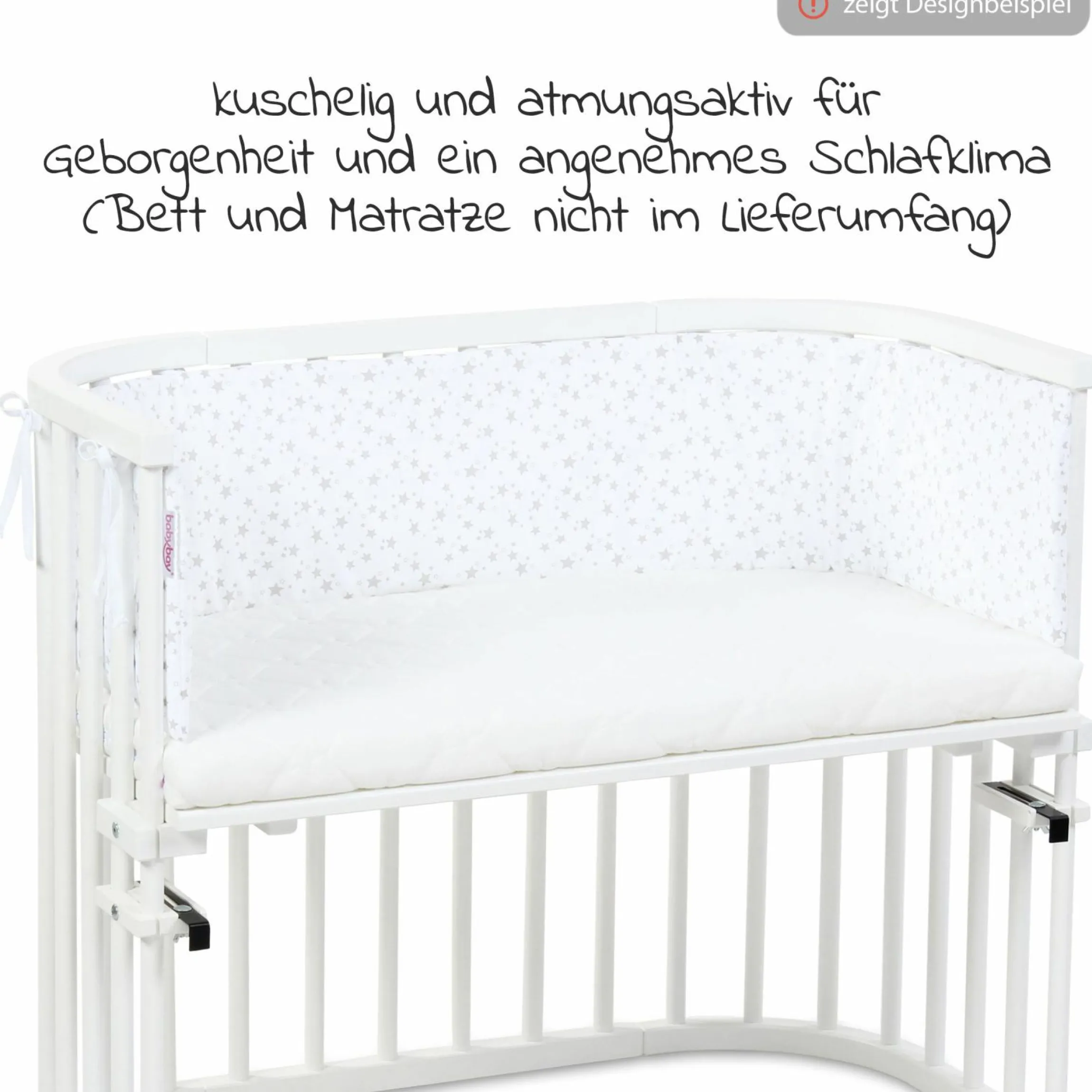 Nestchen aus Piqué für Beistellbett Maxi, Boxspring, Comfort, Comfort Plus - Sterne Perlgrau - Weiß - Kollektion 2024