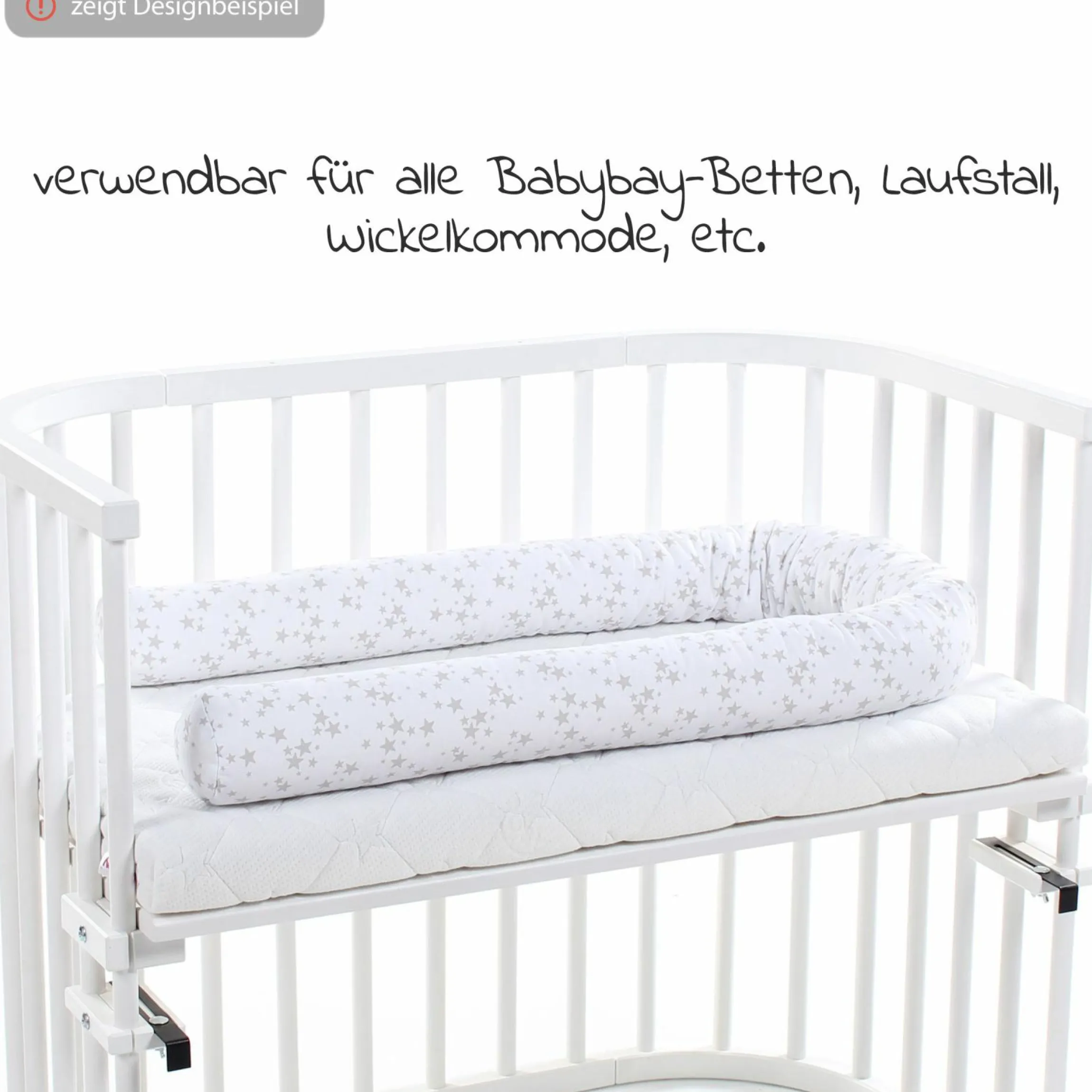 Nestchenschlange Piqué für alle Babybay Beistellbetten 180 cm - Sterne Perlgrau - Weiß - Kollektion 2024