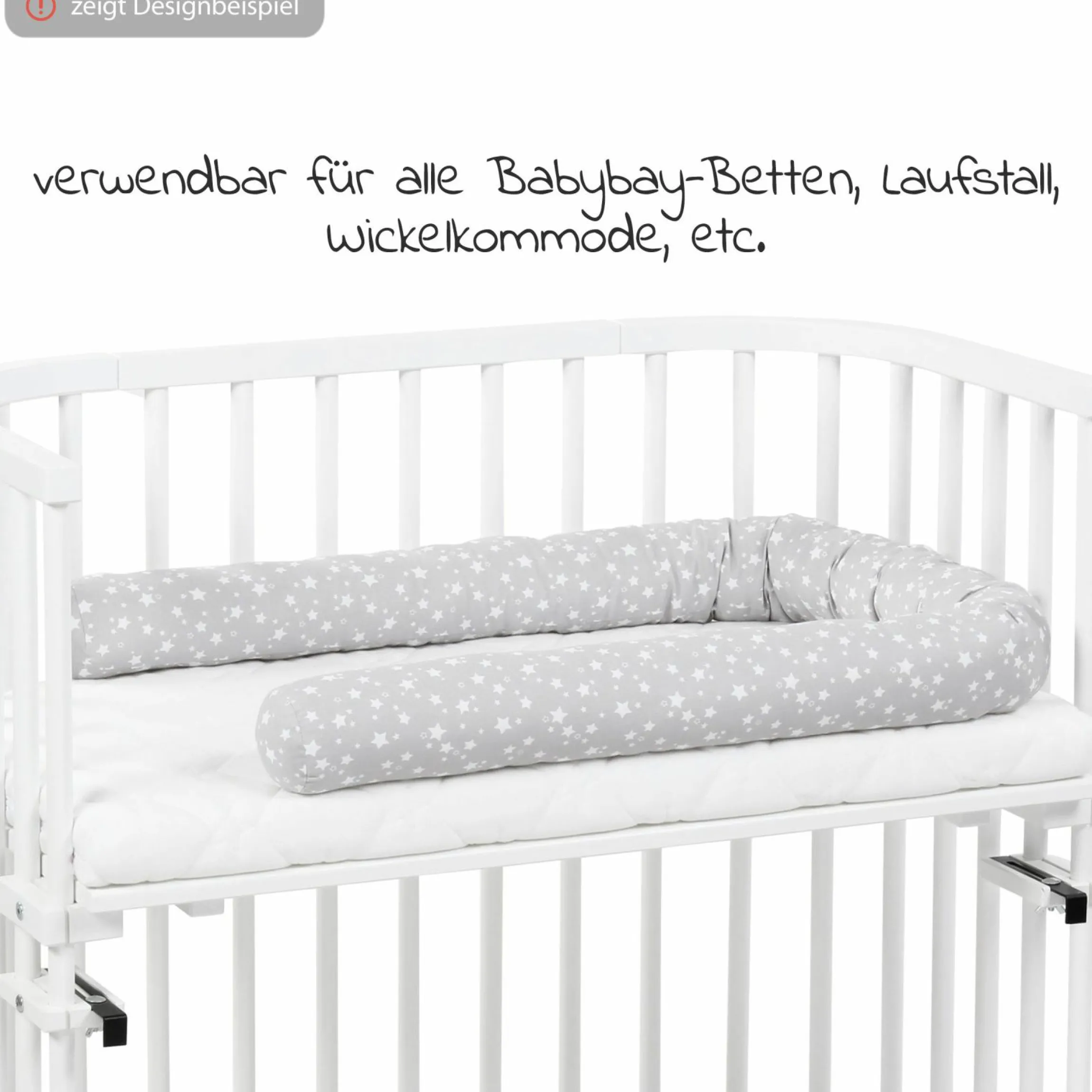 Nestchenschlange Piqué für alle Babybay Beistellbetten 180 cm - Sterne Weiß - Perlgrau - Kollektion 2024