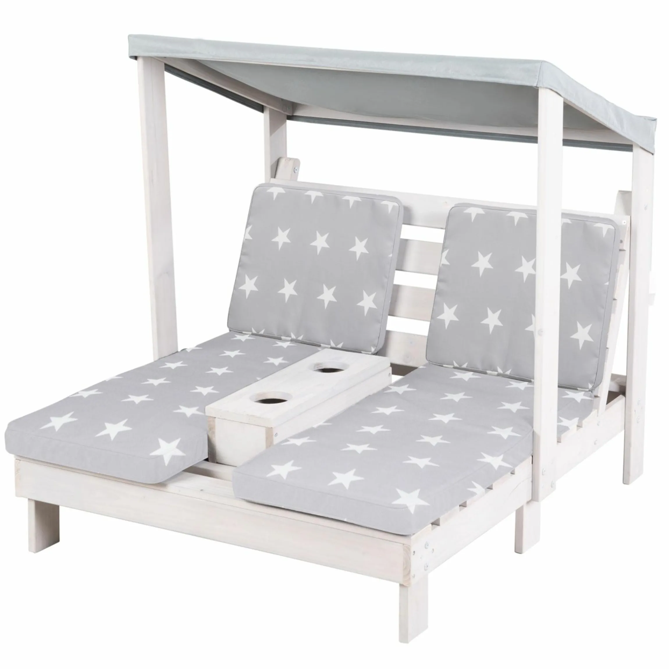 Outdoor Kinder-Doppelliege für 2 Kinder mit Textildach & 2 Textilauflagen - Little Stars - Grau
