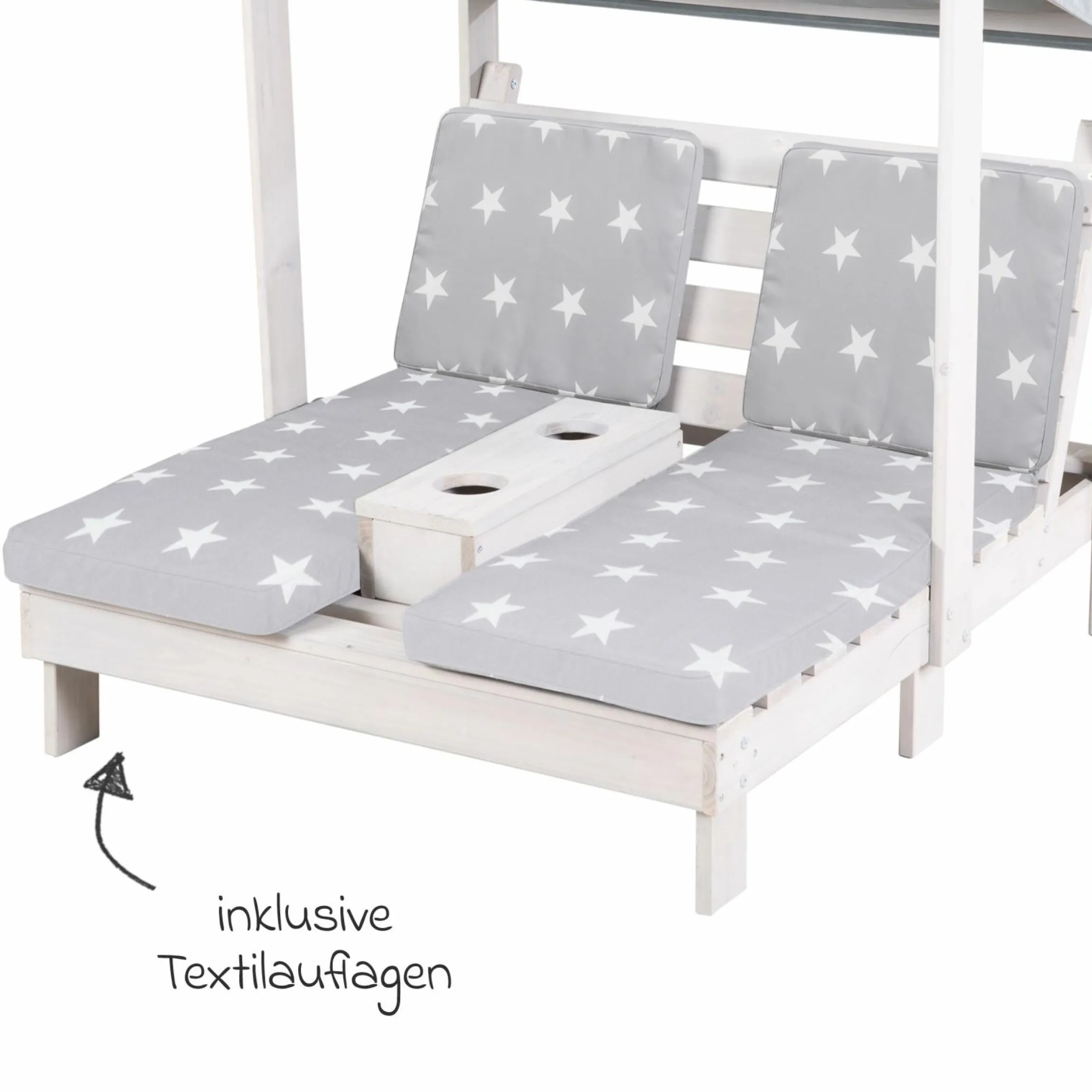 Outdoor Kinder-Doppelliege für 2 Kinder mit Textildach & 2 Textilauflagen - Little Stars - Grau