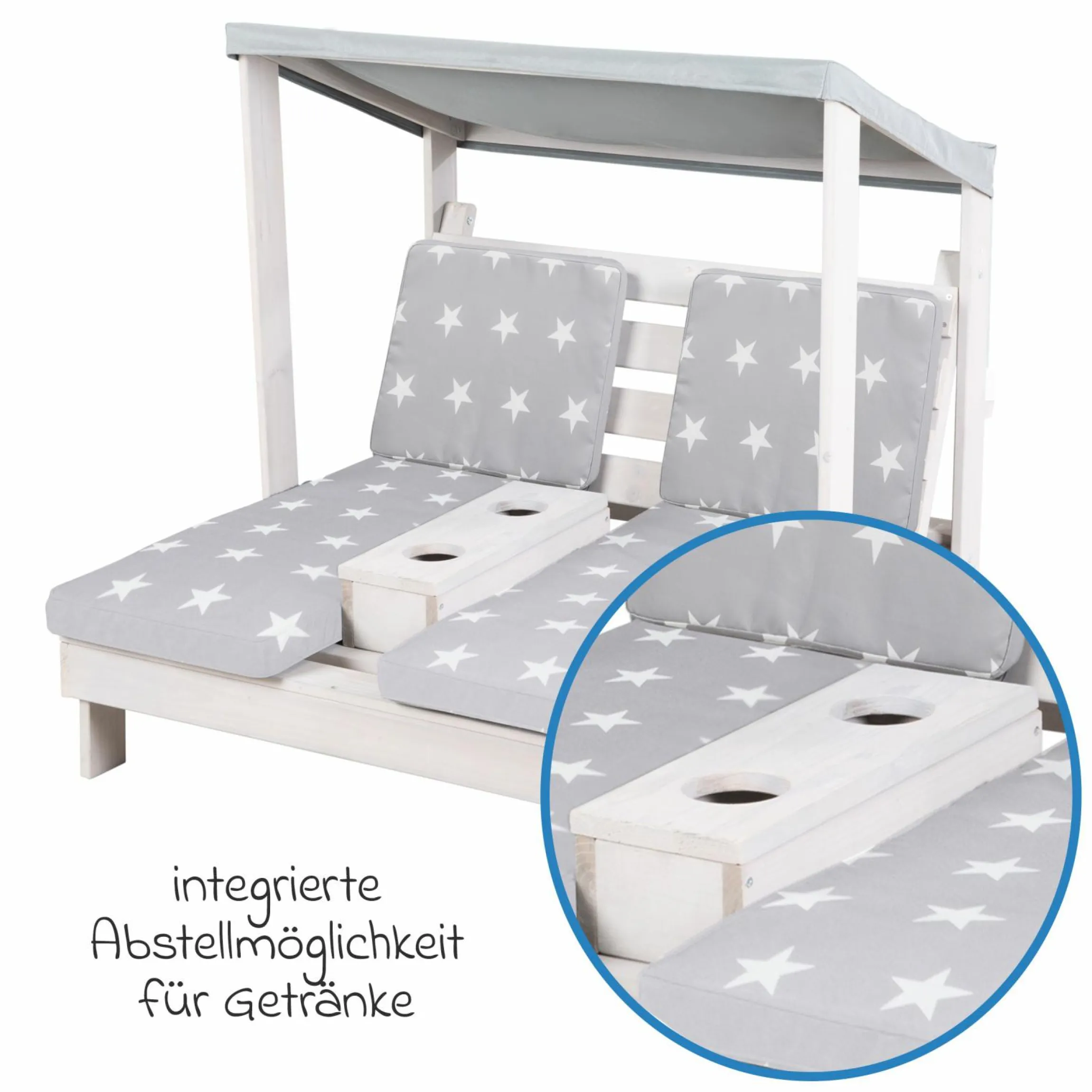 Outdoor Kinder-Doppelliege für 2 Kinder mit Textildach & 2 Textilauflagen - Little Stars - Grau