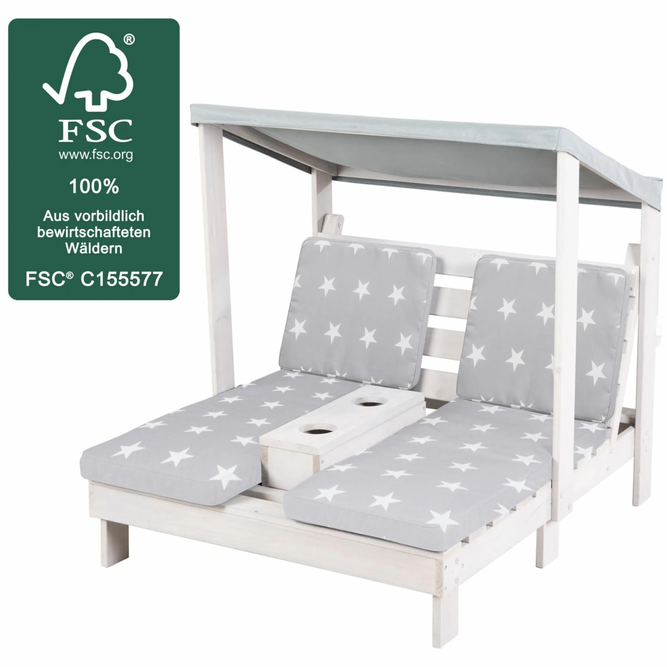 Outdoor Kinder-Doppelliege für 2 Kinder mit Textildach & 2 Textilauflagen - Little Stars - Grau