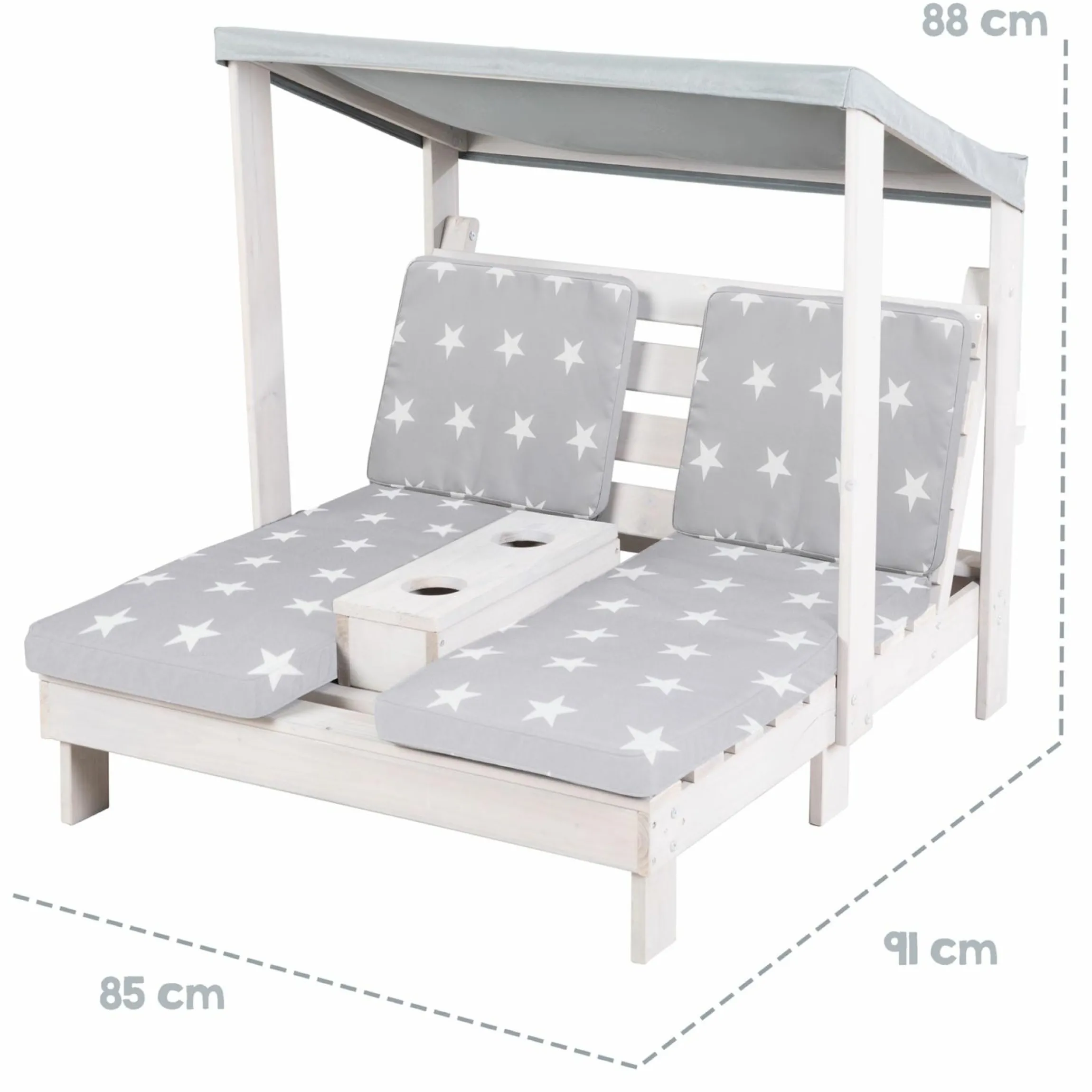 Outdoor Kinder-Doppelliege für 2 Kinder mit Textildach & 2 Textilauflagen - Little Stars - Grau