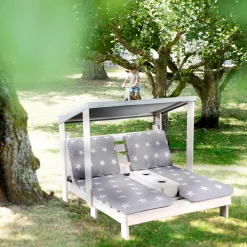 Outdoor Kinder-Doppelliege für 2 Kinder mit Textildach & 2 Textilauflagen - Little Stars - Grau