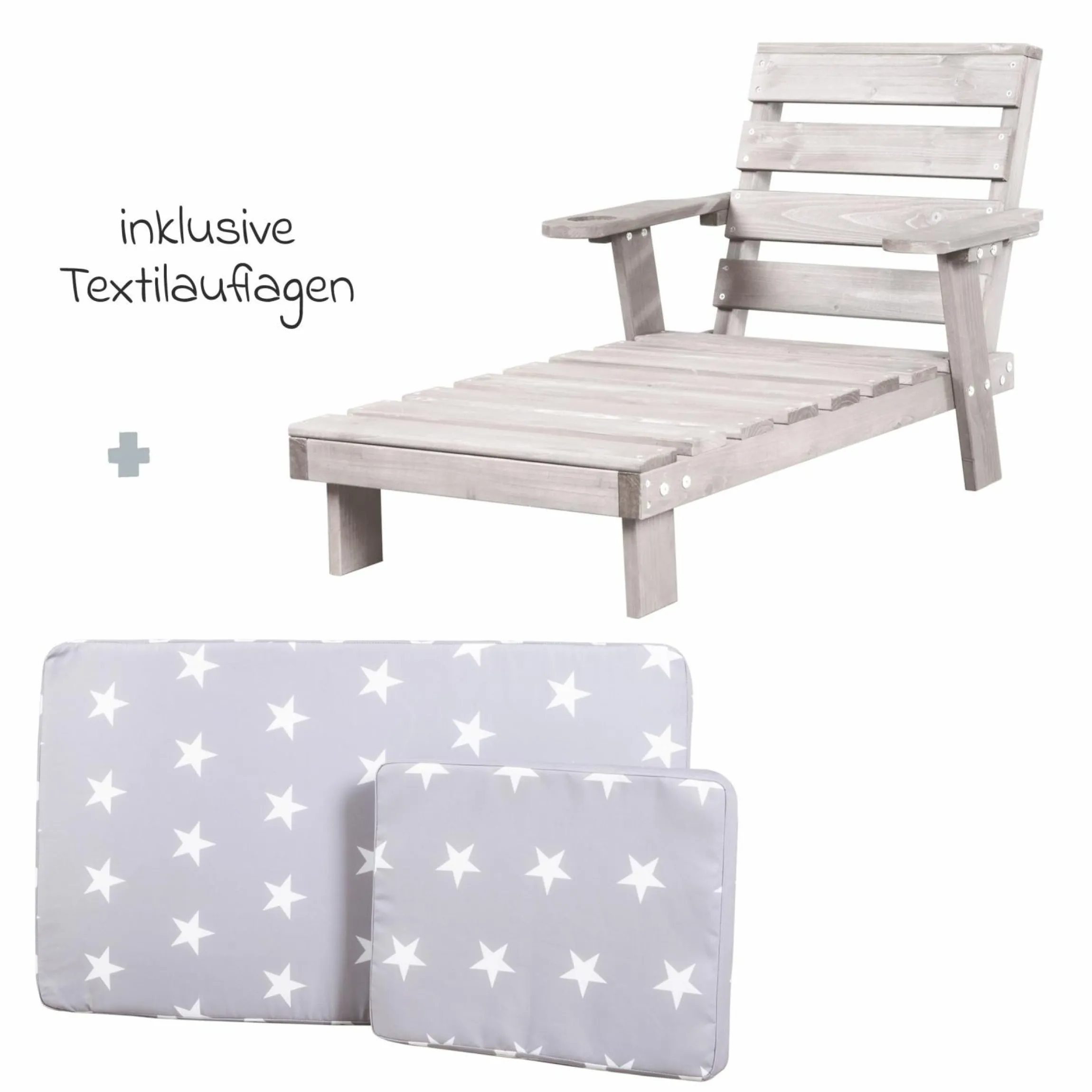 Outdoor Kinderliege mit Armlehne, Getränkehalterung & Textilauflagen - Little Stars - Grau