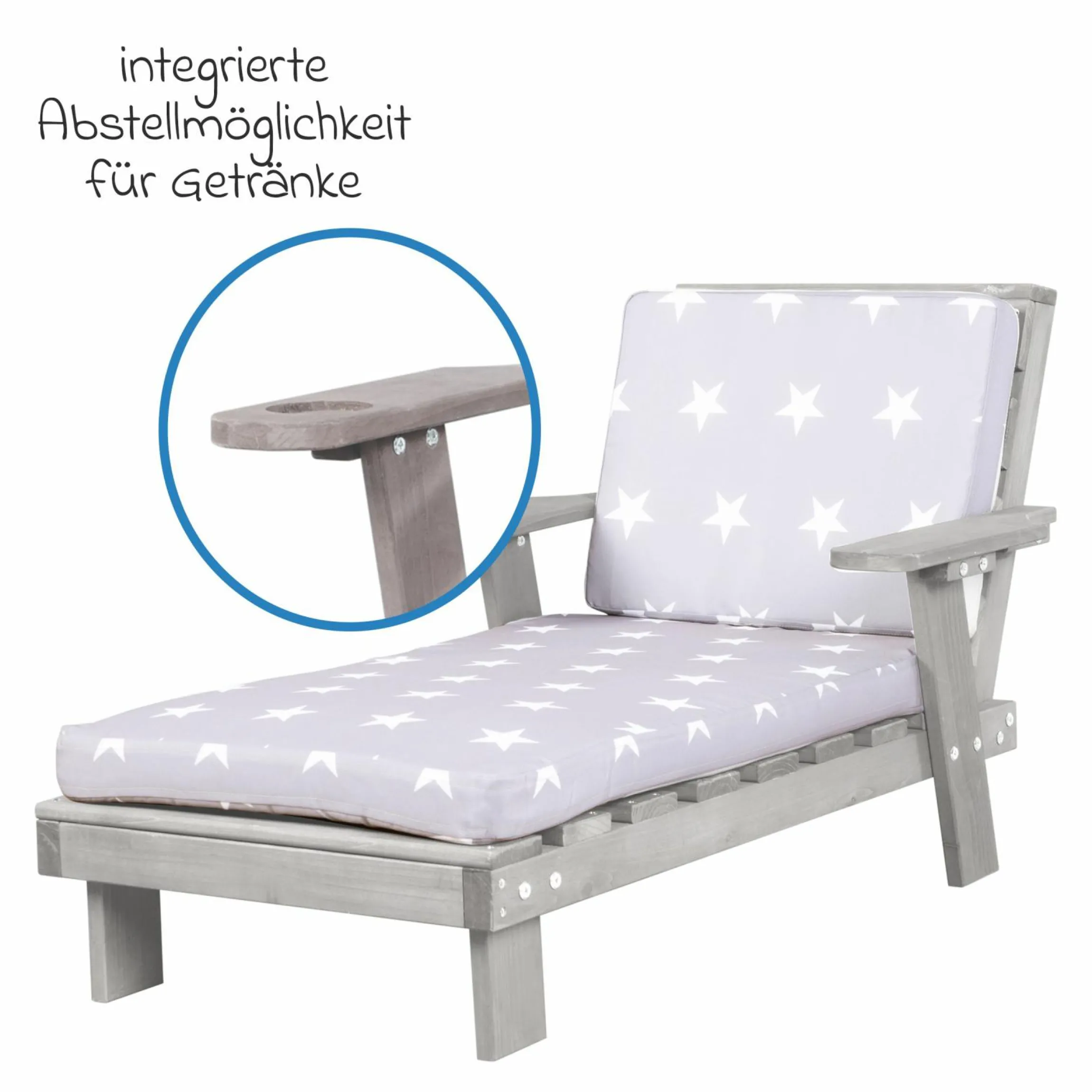 Outdoor Kinderliege mit Armlehne, Getränkehalterung & Textilauflagen - Little Stars - Grau