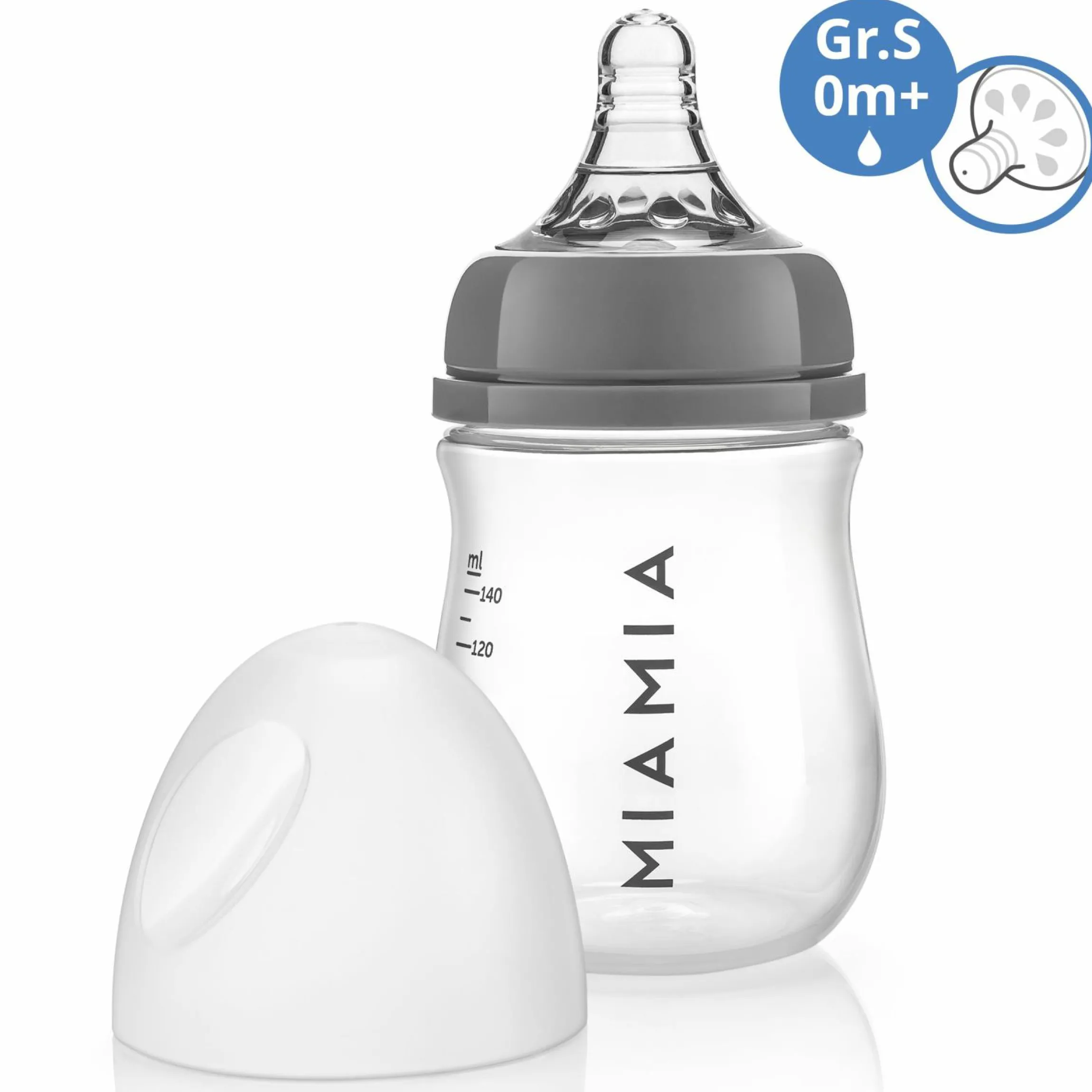 PP-Flasche 140 ml mit Silikon-Trinksauger Gr.S - Grau