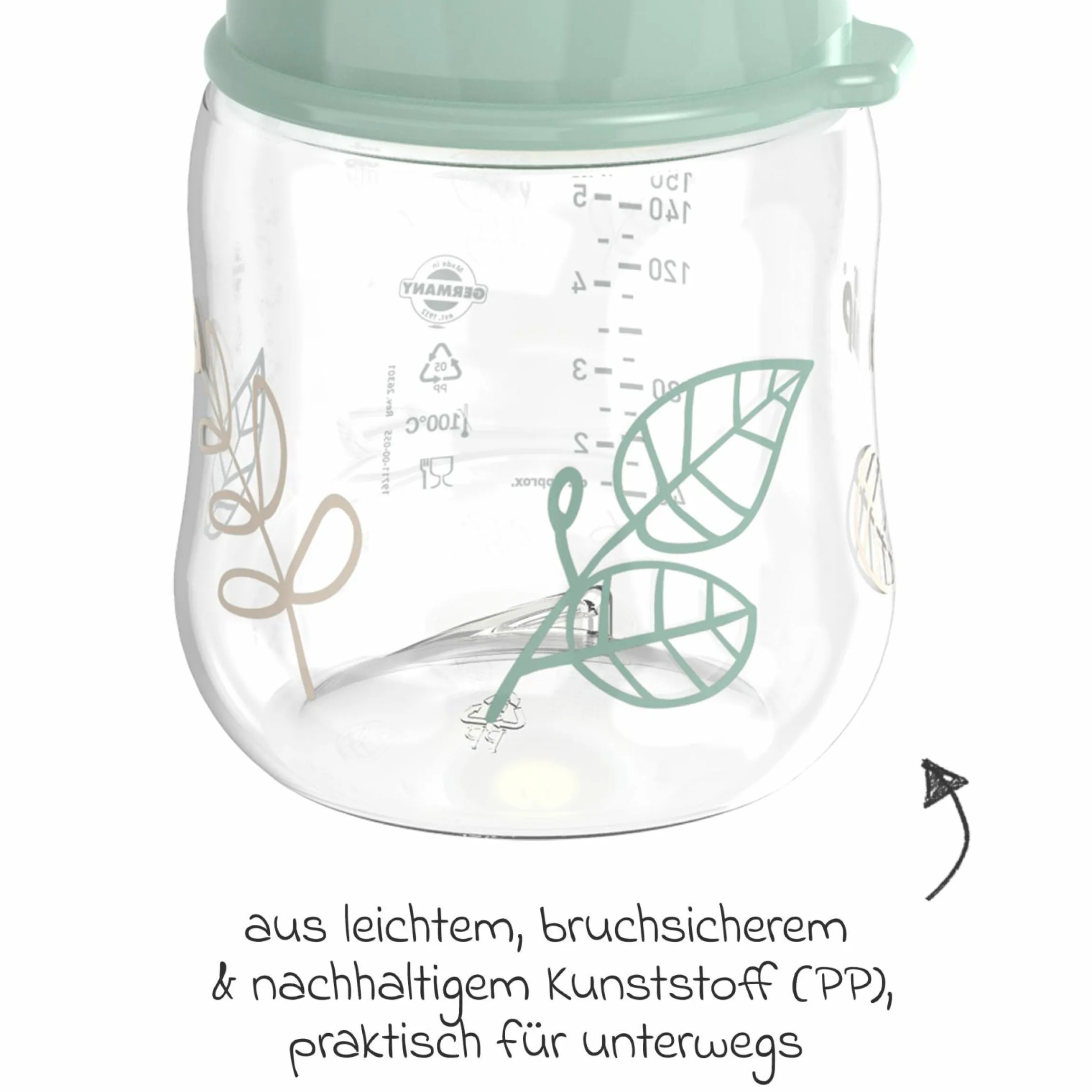 PP-Flasche Cherry Green 150 ml + Latex-Trinksauger langsamer Nahrungsfluss - Grün