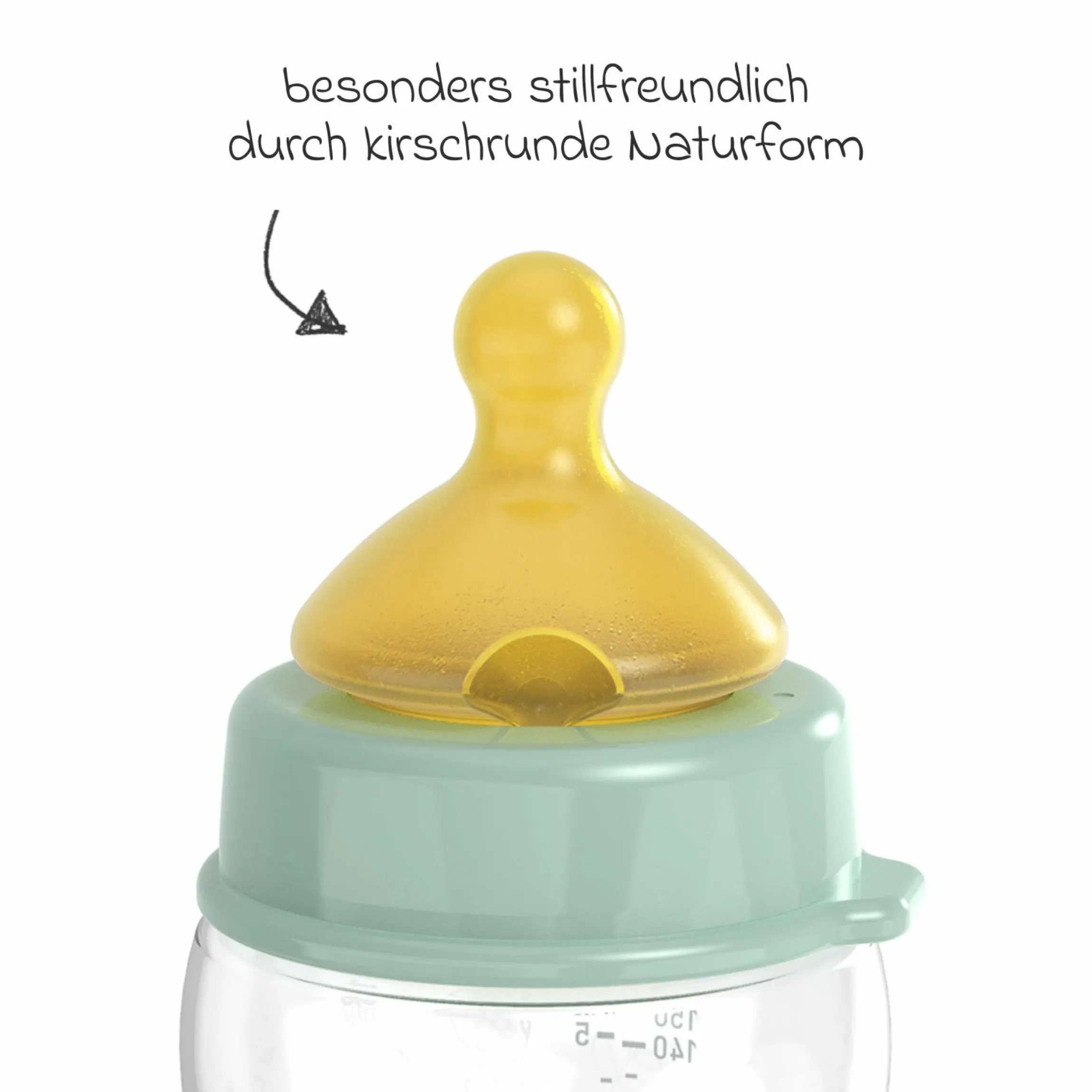 PP-Flasche Cherry Green 150 ml + Latex-Trinksauger langsamer Nahrungsfluss - Grün
