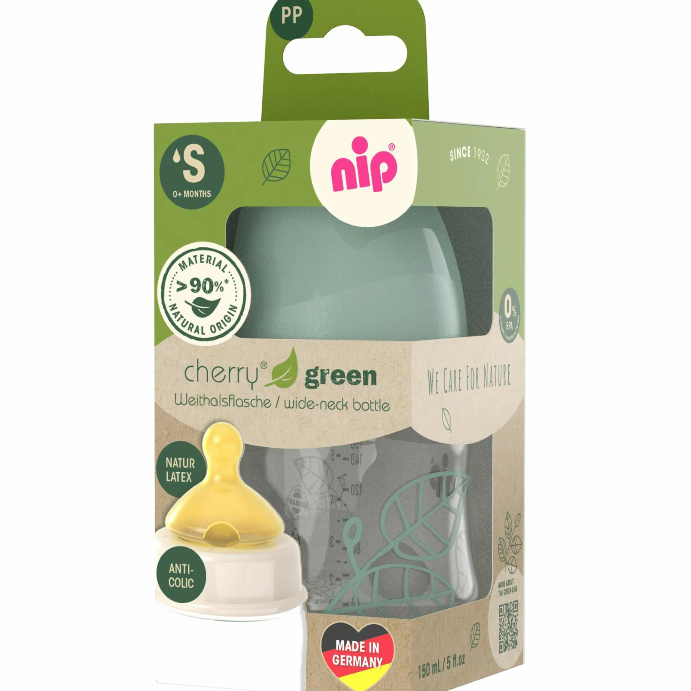 PP-Flasche Cherry Green 150 ml + Latex-Trinksauger langsamer Nahrungsfluss - Grün