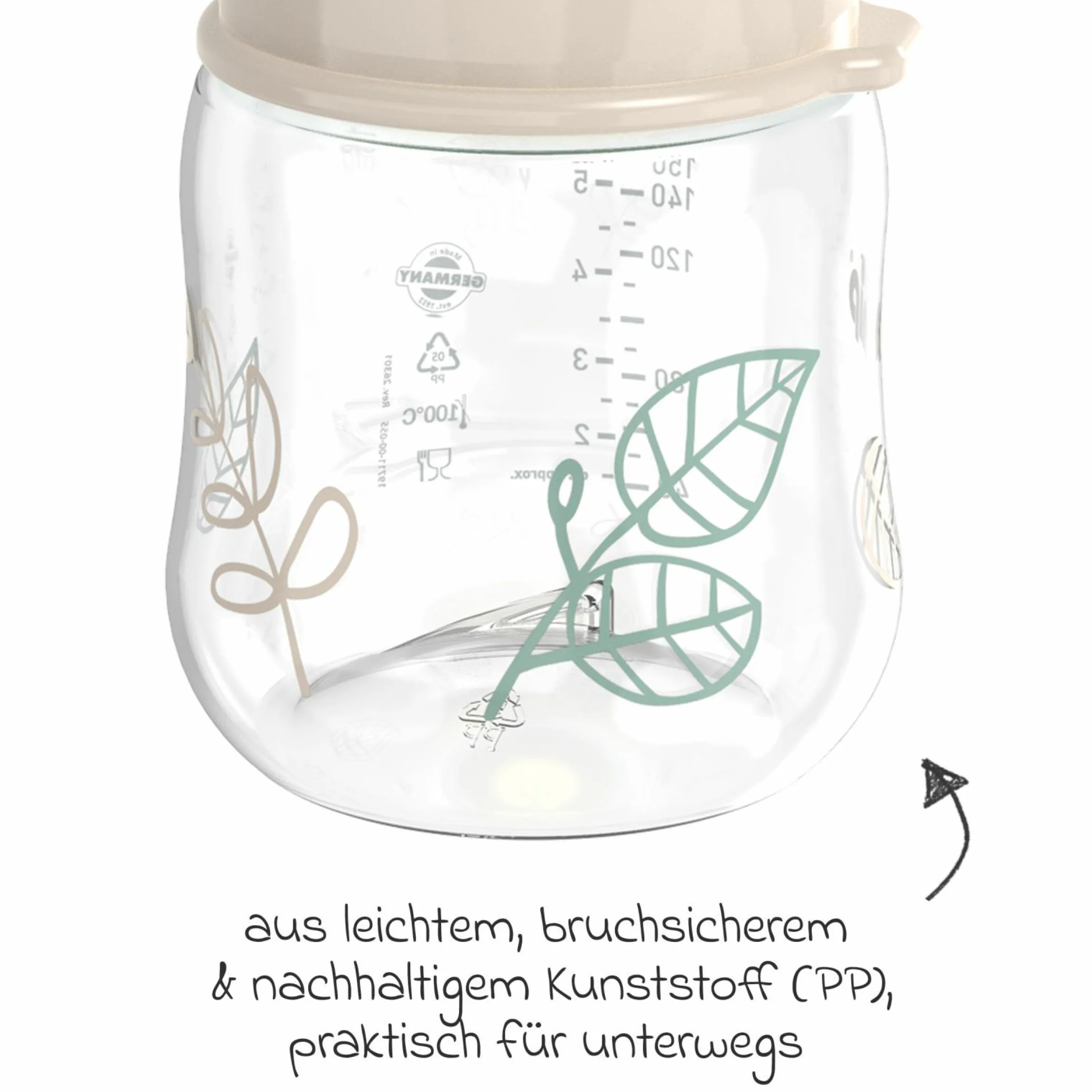 PP-Flasche Cherry Green 150 ml + Latex-Trinksauger langsamer Nahrungsfluss - Beige