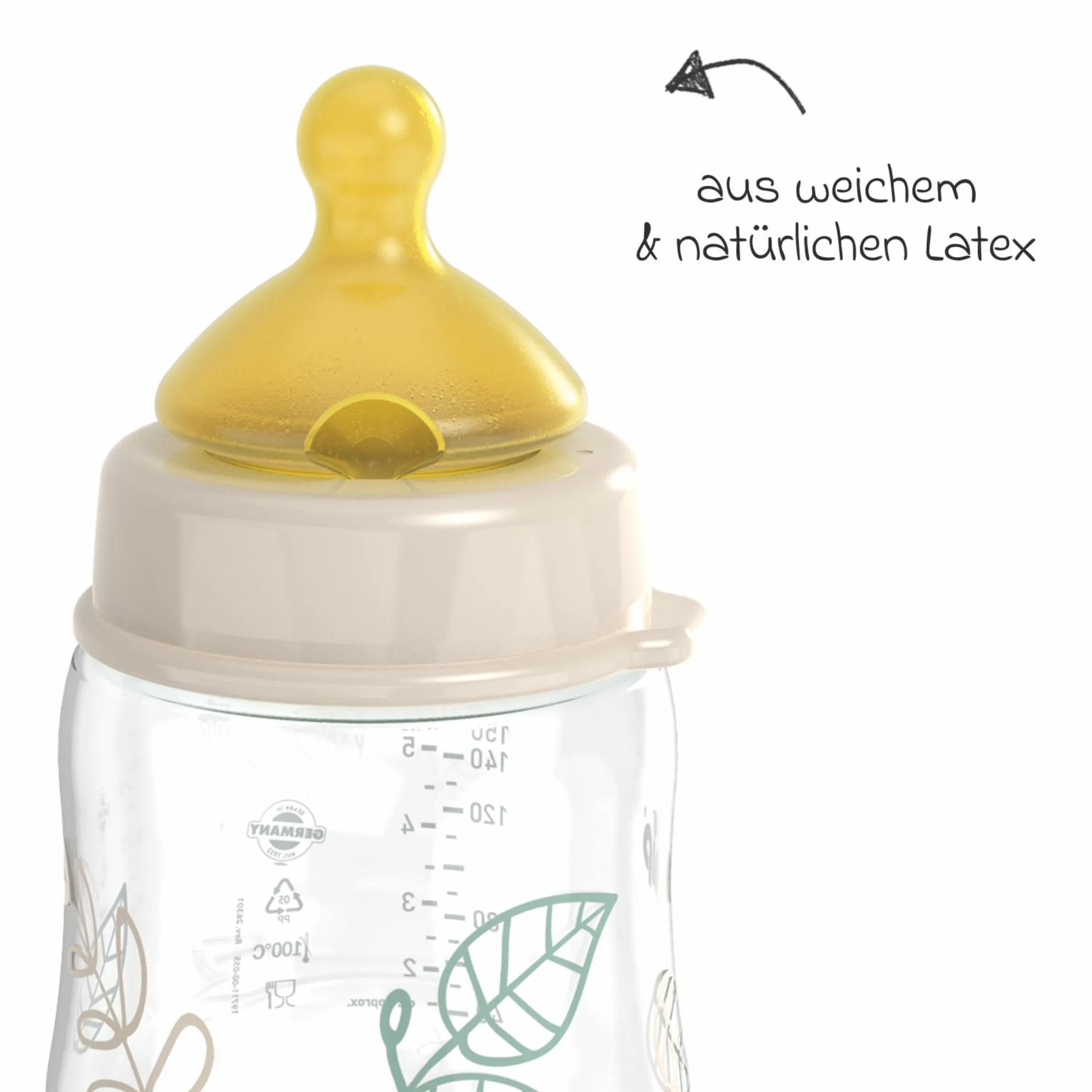 PP-Flasche Cherry Green 150 ml + Latex-Trinksauger langsamer Nahrungsfluss - Beige