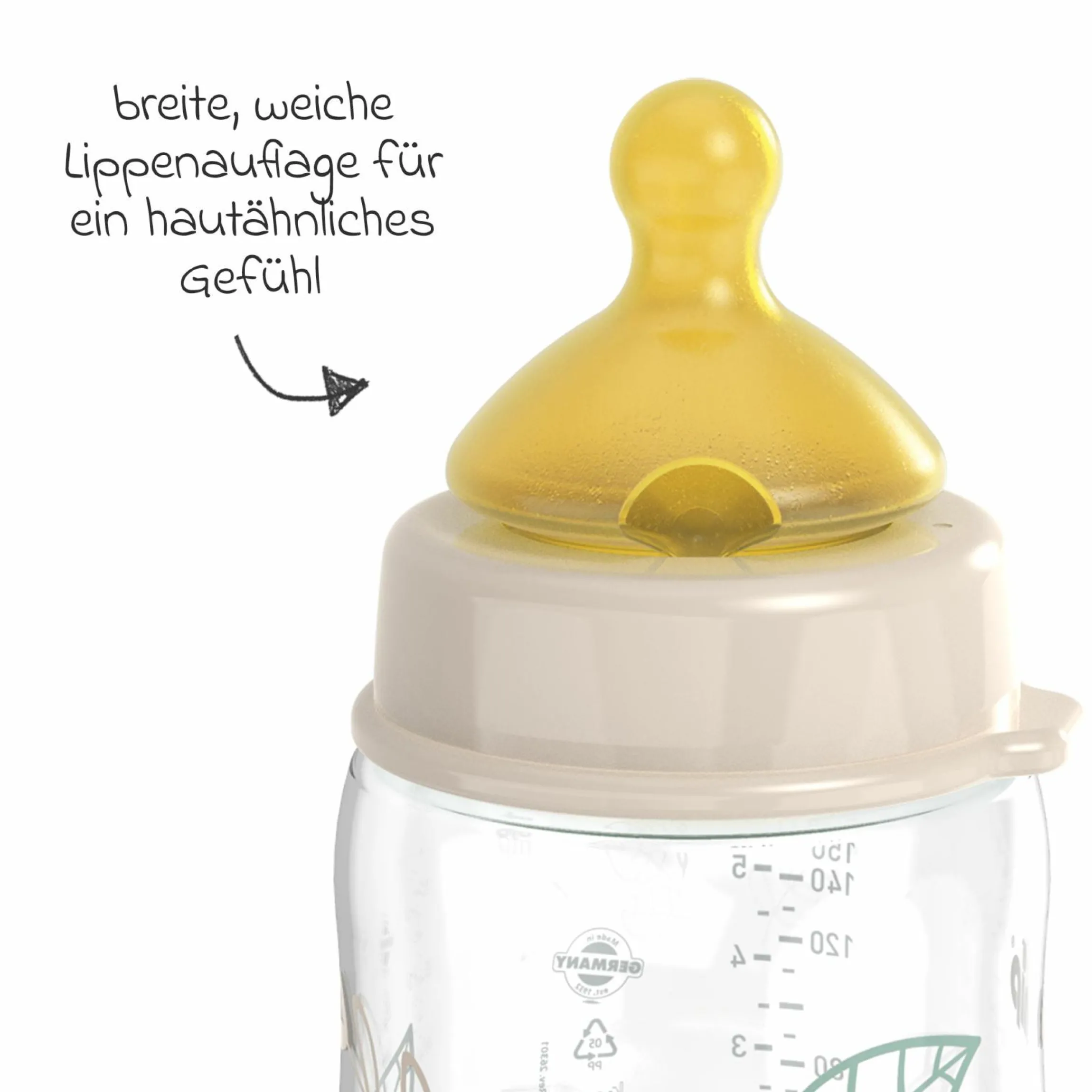 PP-Flasche Cherry Green 150 ml + Latex-Trinksauger langsamer Nahrungsfluss - Beige