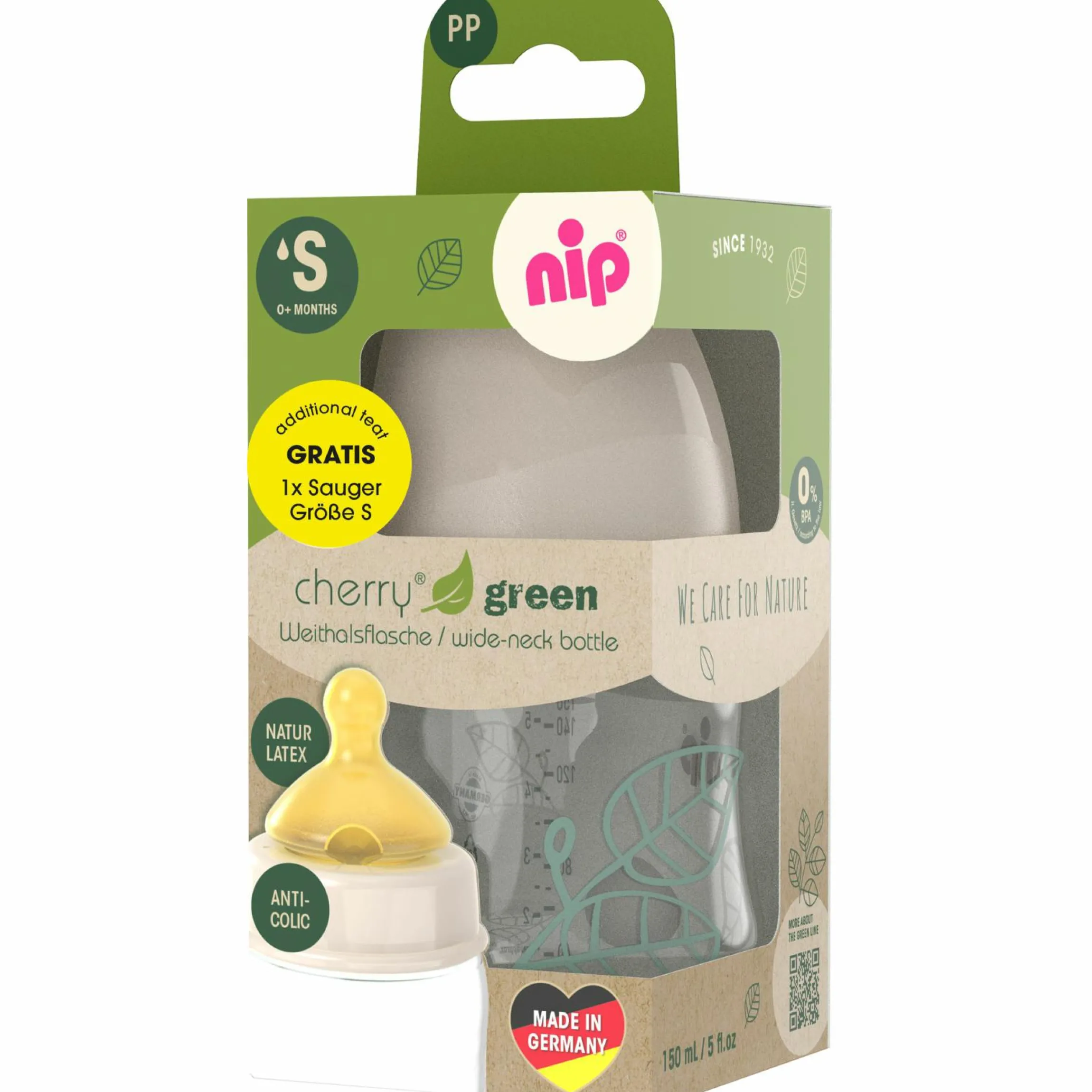 PP-Flasche Cherry Green 150 ml + Latex-Trinksauger langsamer Nahrungsfluss - Beige