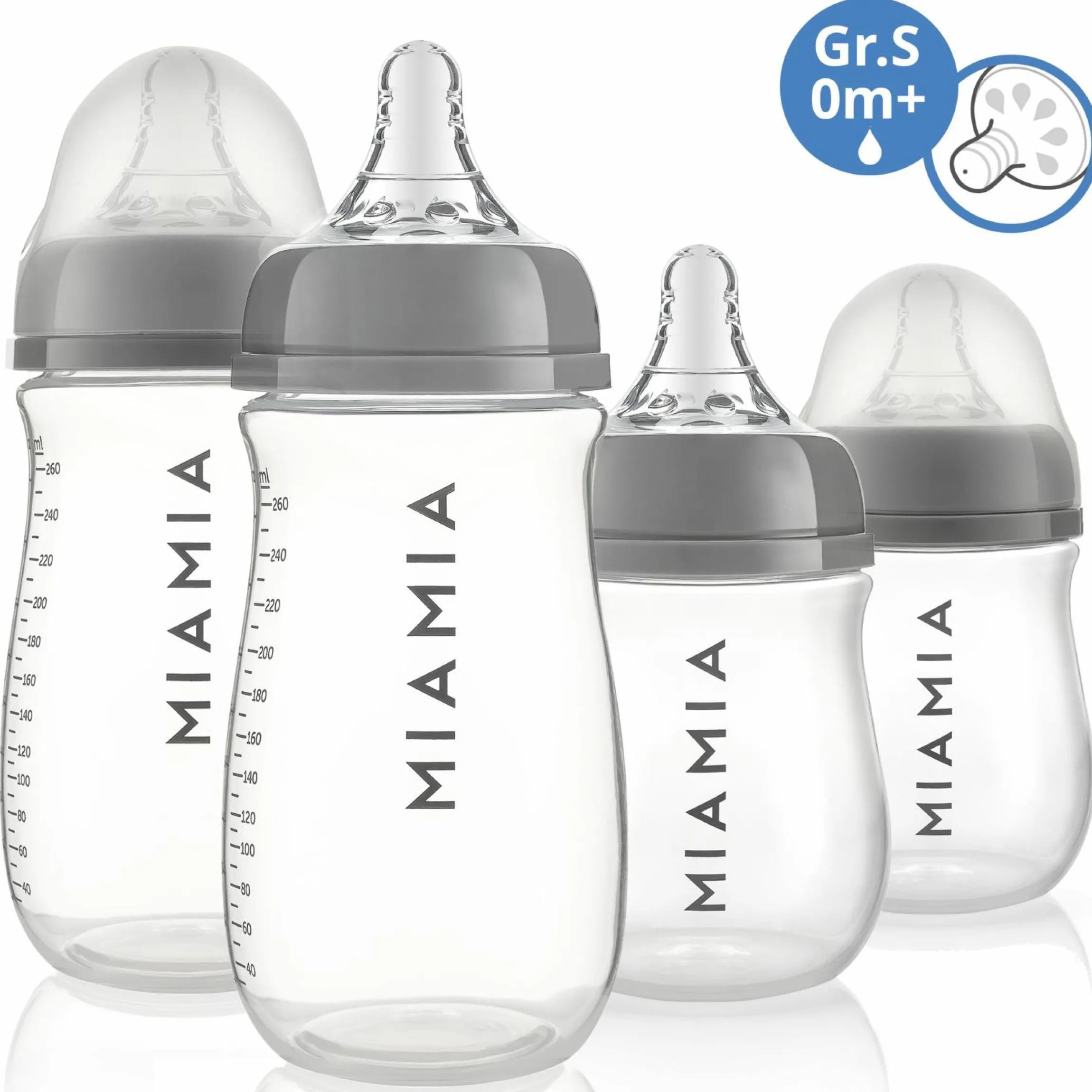 PP-Flasche 4er Pack 140 ml & 260 ml + Silikon-Trinksauger Gr. S - Grau