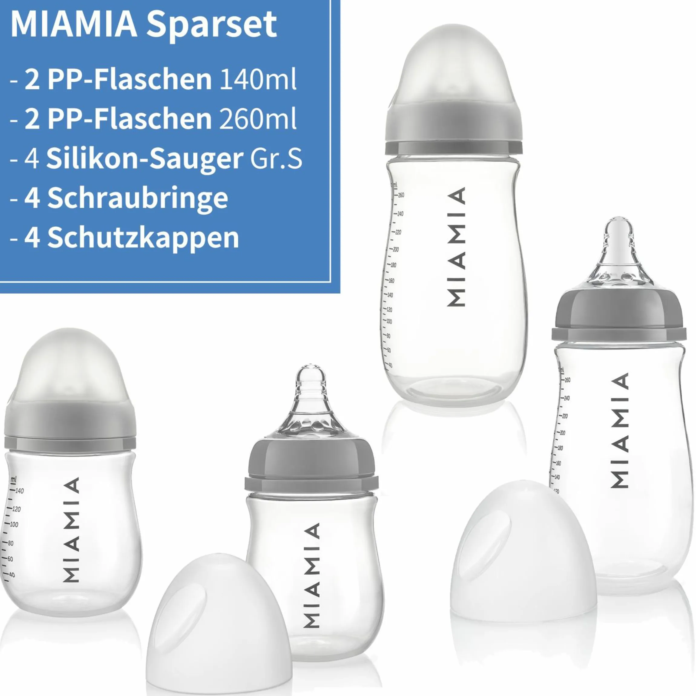 PP-Flasche 4er Pack 140 ml & 260 ml + Silikon-Trinksauger Gr. S - Grau