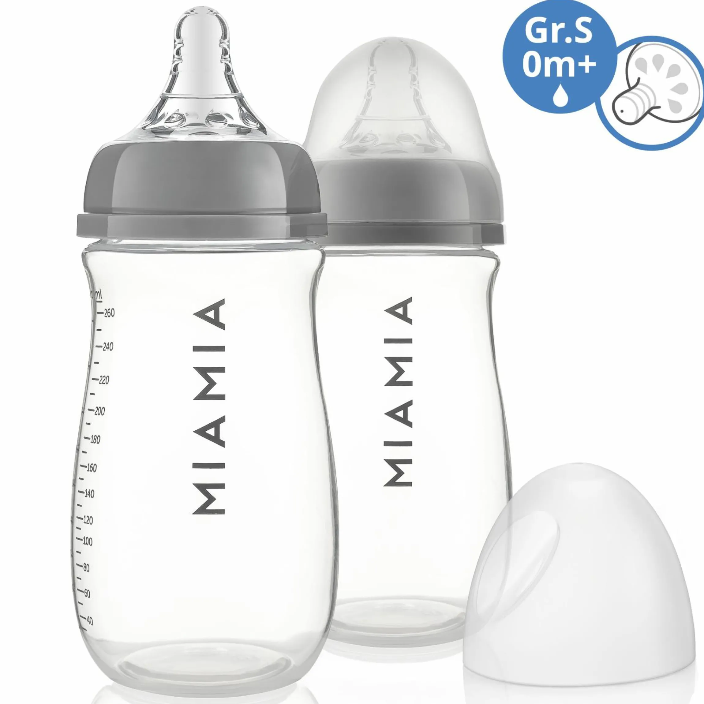 PP-Flasche 2er Pack 260 ml + Silikon-Trinksauger Gr.S - Grau
