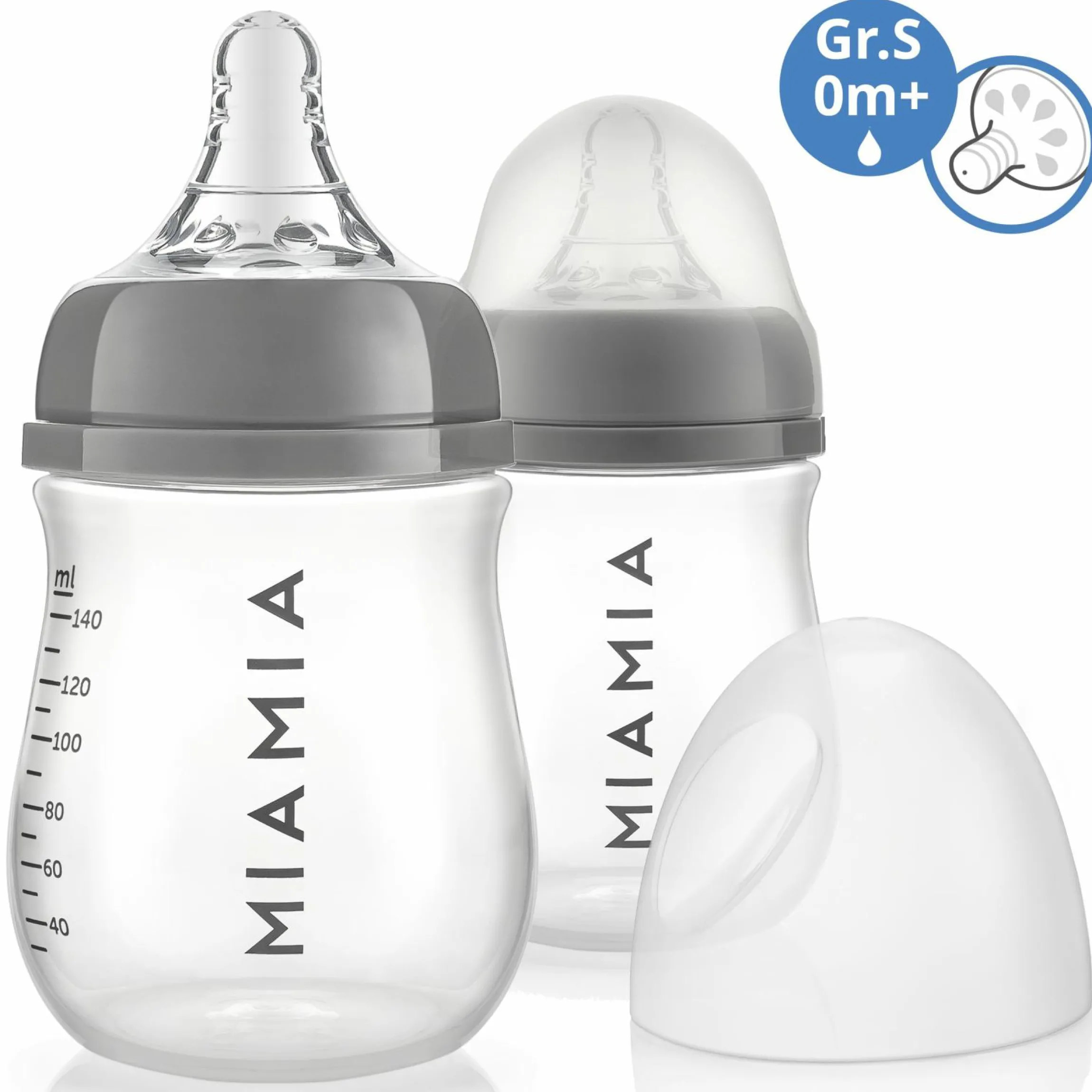 PP-Flasche 2er Pack 140 ml + Silikon-Trinksauger Gr.S - Grau
