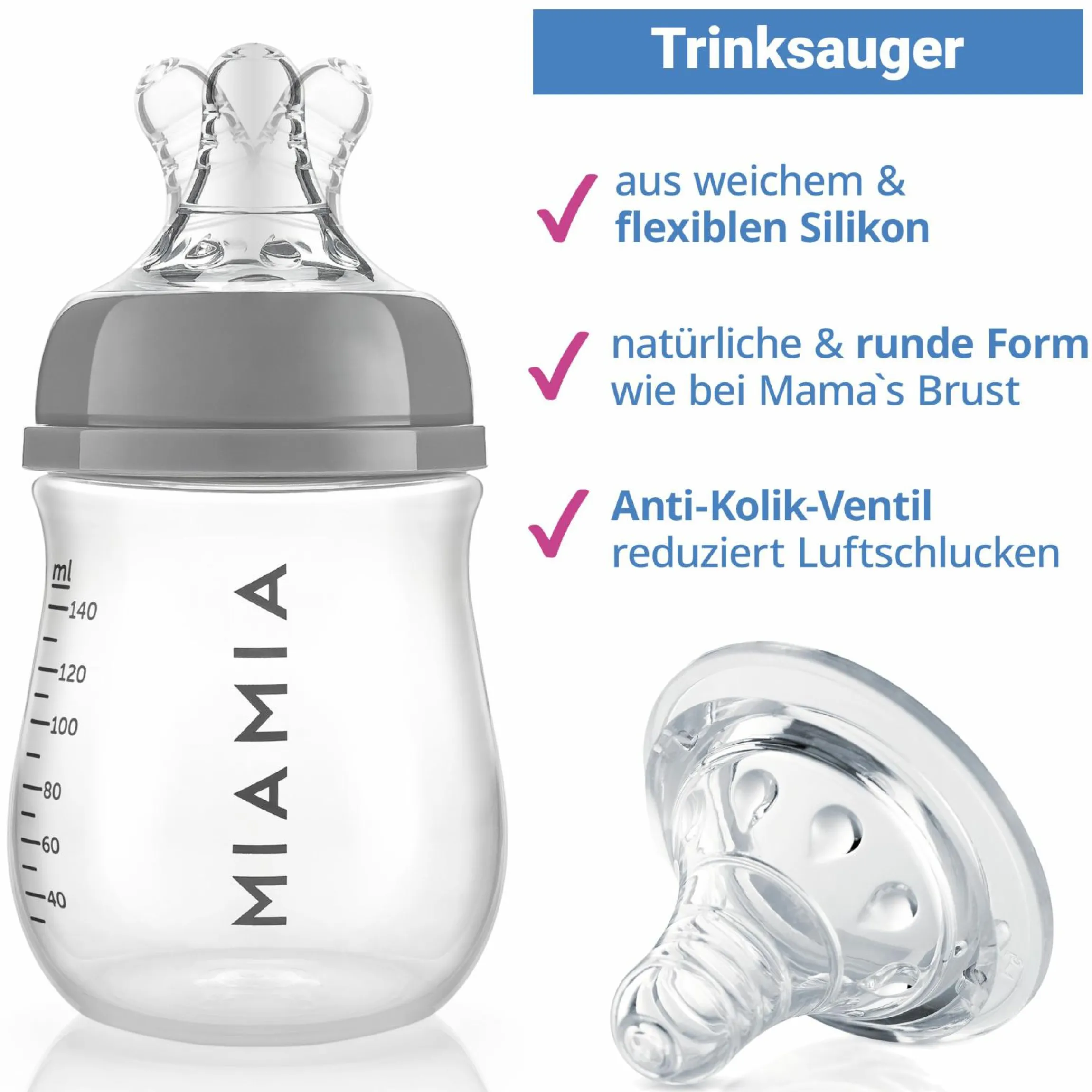 PP-Flasche 2er Pack 140 ml + Silikon-Trinksauger Gr.S - Grau