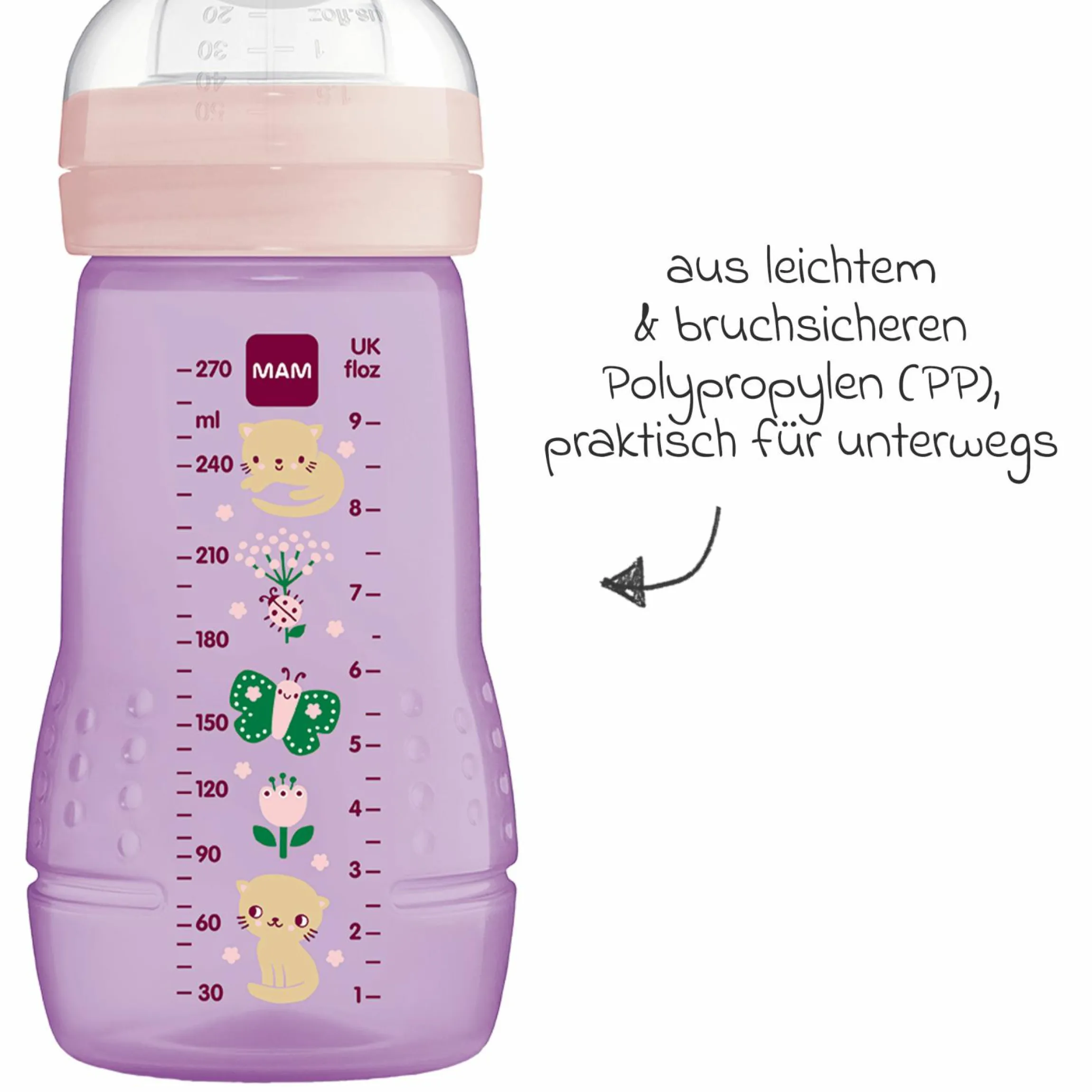PP-Flasche 2er Pack Easy Active Baby Bottle 270 ml - Silikon Gr. 1 - Katze & Schmetterling