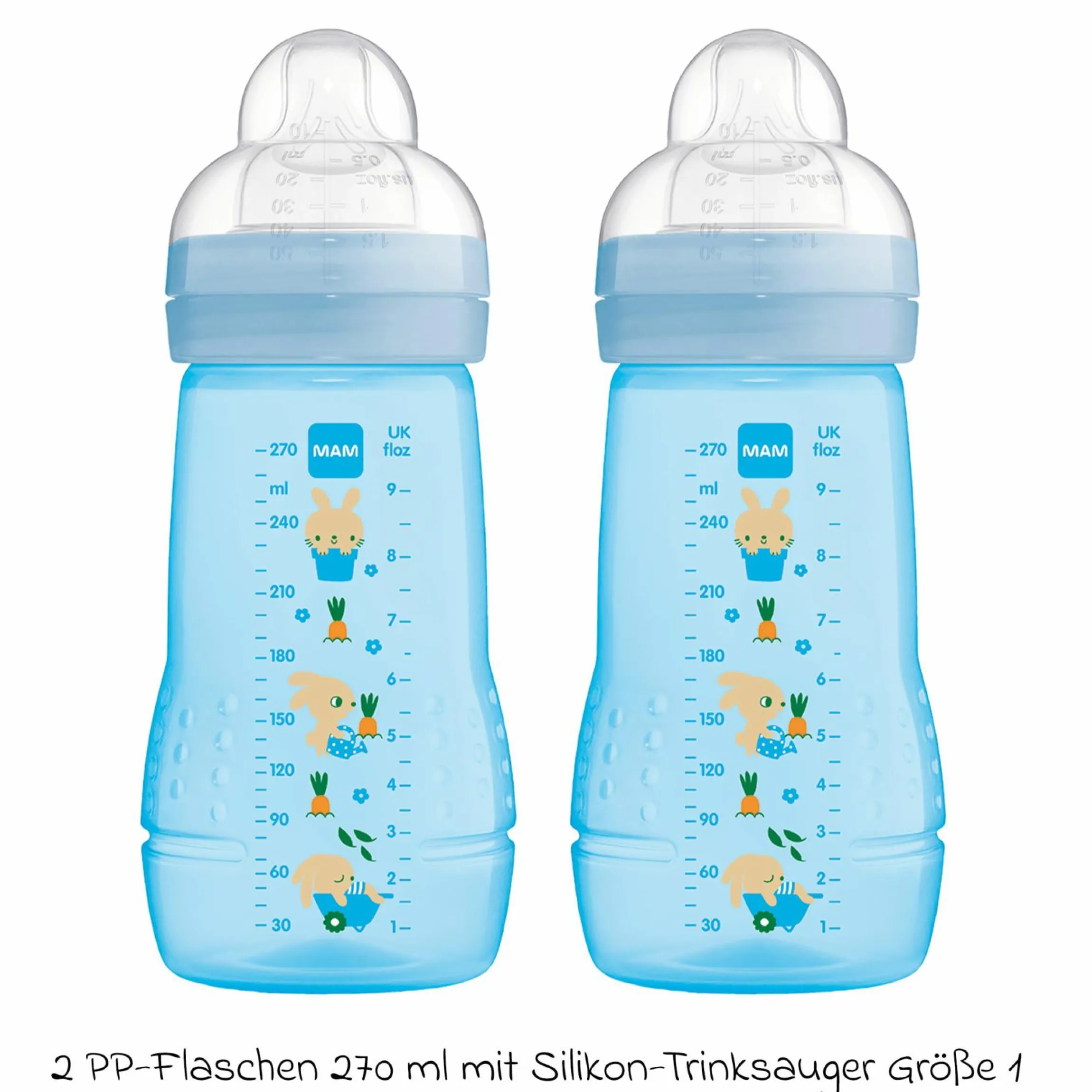 PP-Flasche 2er Pack Easy Active Baby Bottle 270 ml - Silikon Gr. 1 - Hase - Blau