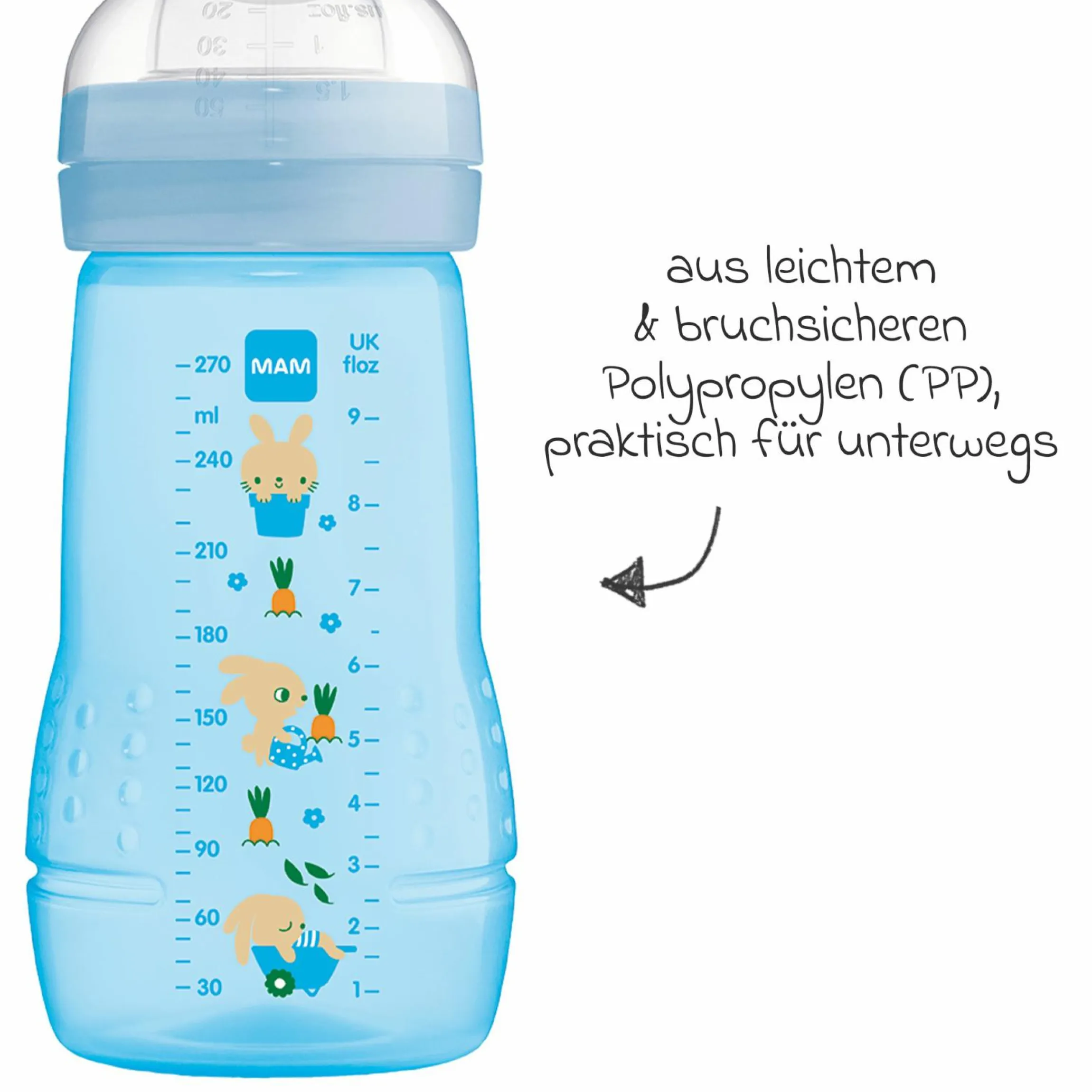 PP-Flasche 2er Pack Easy Active Baby Bottle 270 ml - Silikon Gr. 1 - Hase - Blau