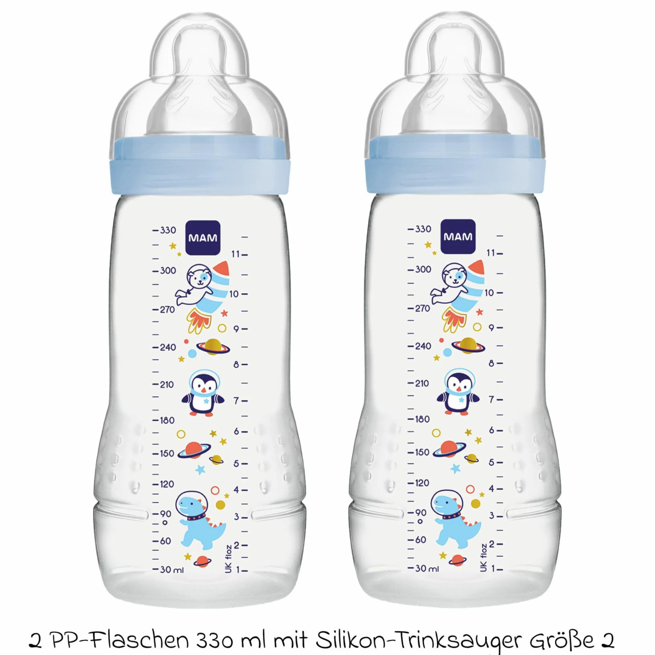 PP-Flasche 2er Pack Easy Active Baby Bottle 330 ml - Silikon Gr. 2 - Weltall - Blau