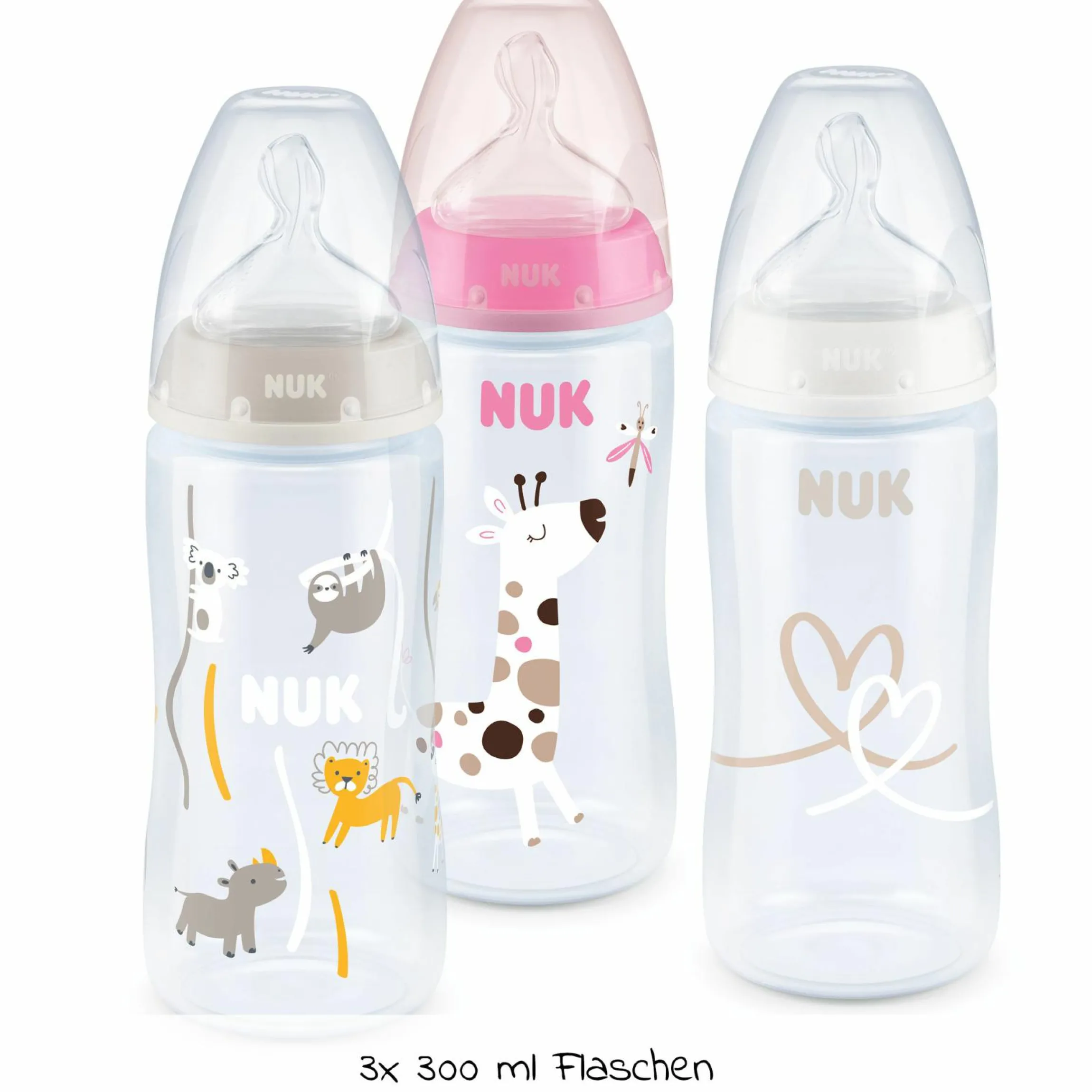 PP-Flasche 3er Pack First Choice Plus 300 ml + Silikon-Sauger Gr. M - Temperature Control - Rosa