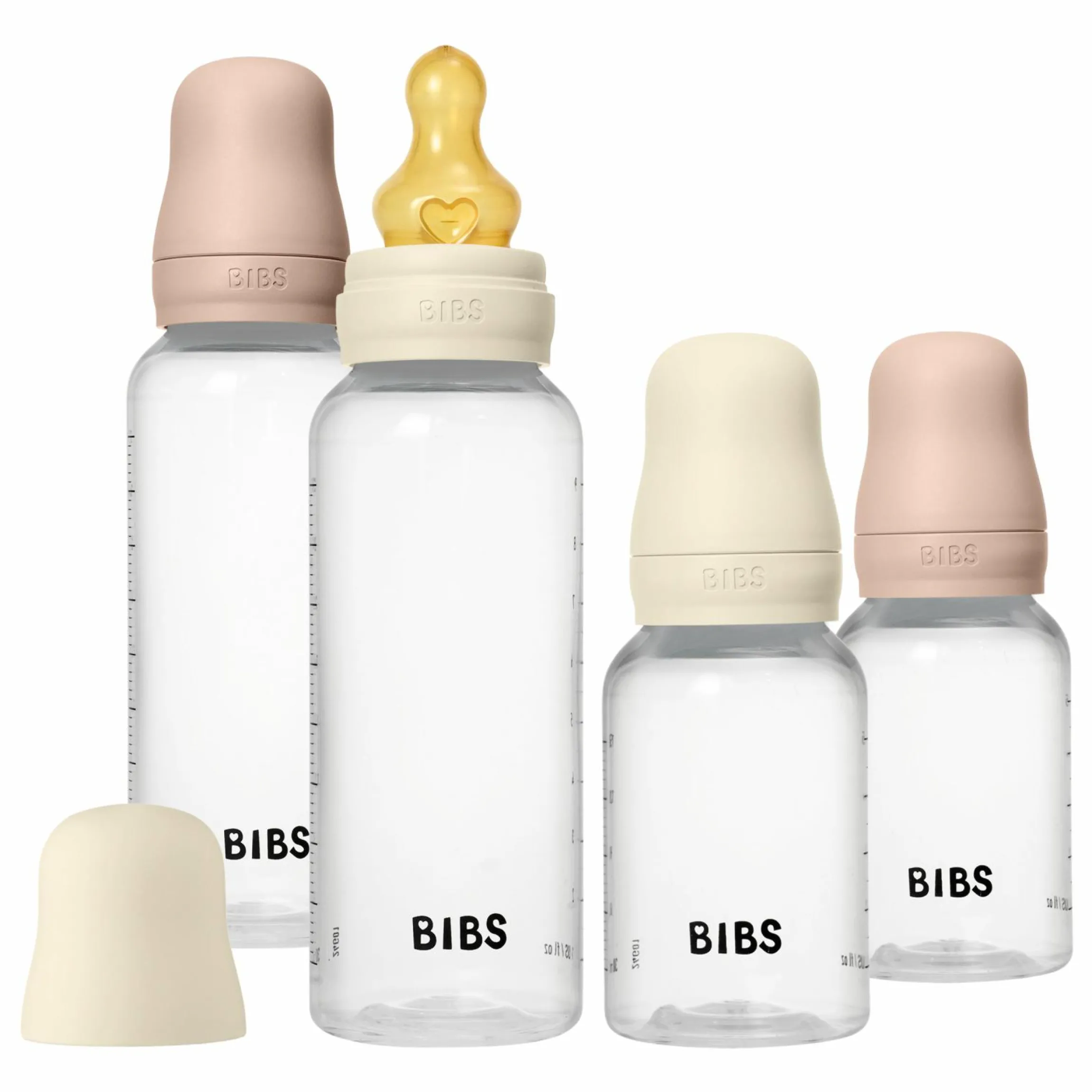 PP-Flasche 4er Pack mit Griff Baby Bottle Round 150 ml & 270 ml + Latex-Trinksauger + Baby Bottle Handle - Ivory / Blush