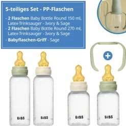 PP-Flasche 4er Pack mit Griff Baby Bottle Round 150 ml & 270 ml + Latex-Trinksauger + Baby Bottle Handle - Ivory / Sage