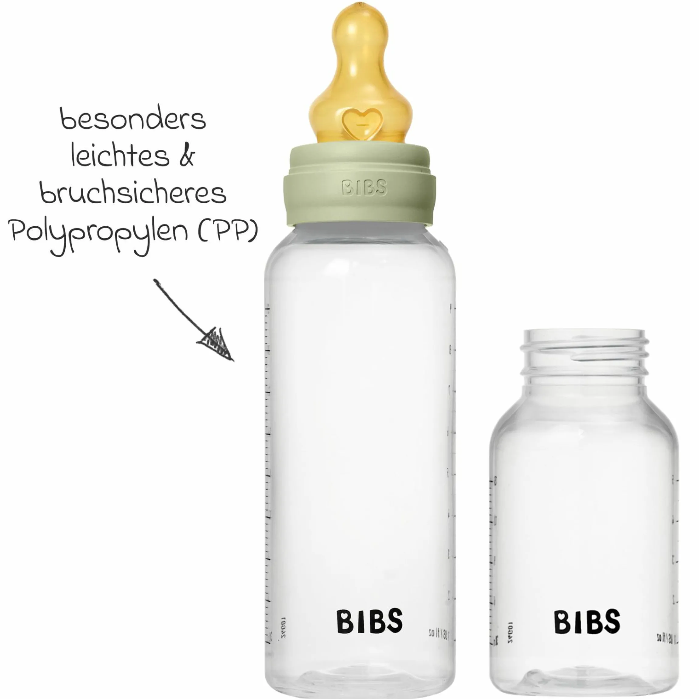 PP-Flasche 4er Pack mit Griff Baby Bottle Round 150 ml & 270 ml + Latex-Trinksauger + Baby Bottle Handle - Ivory / Sage