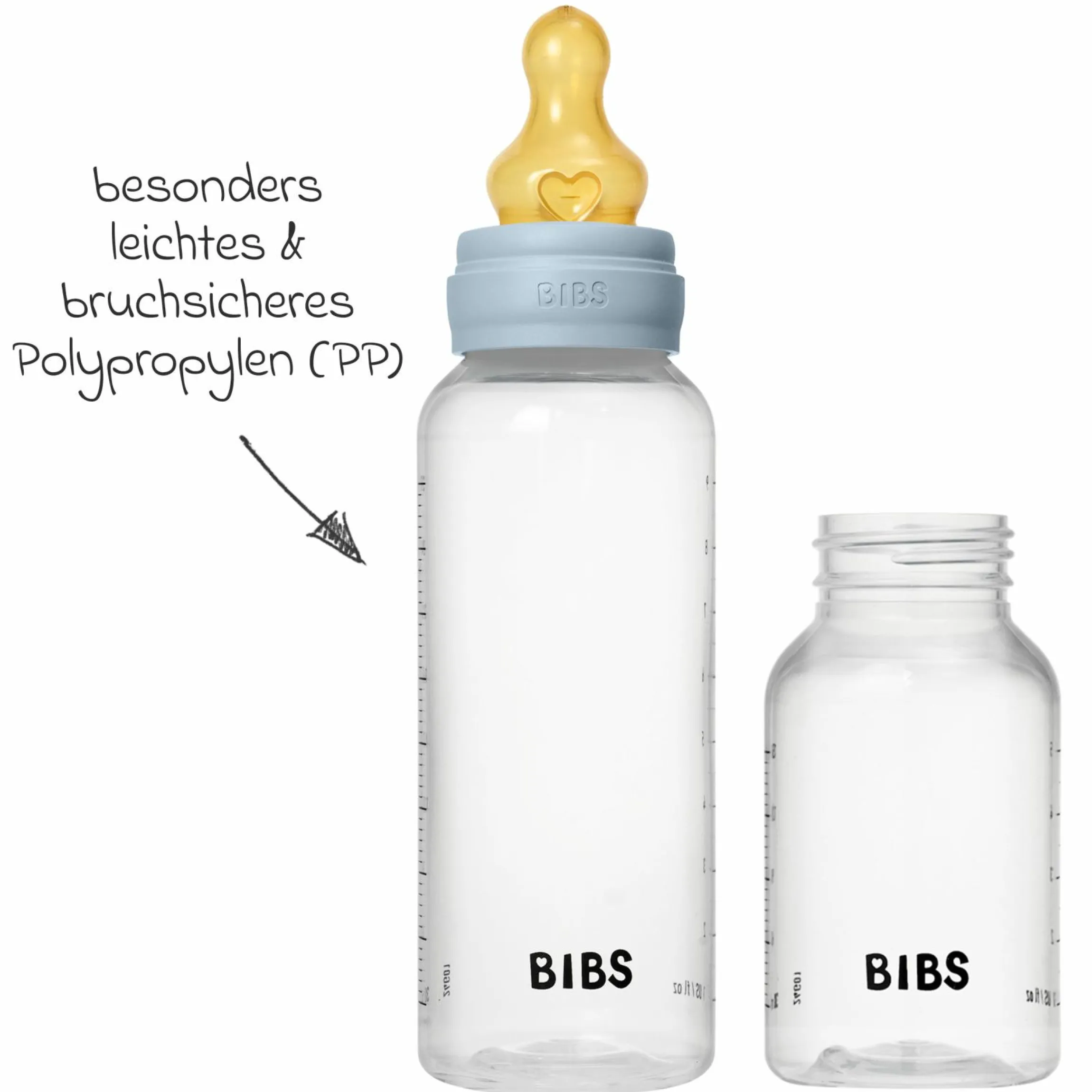PP-Flasche 4er Pack mit Griff Baby Bottle Round 150 ml & 270 ml + Latex-Trinksauger + Baby Bottle Handle - Ivory / Baby Blue