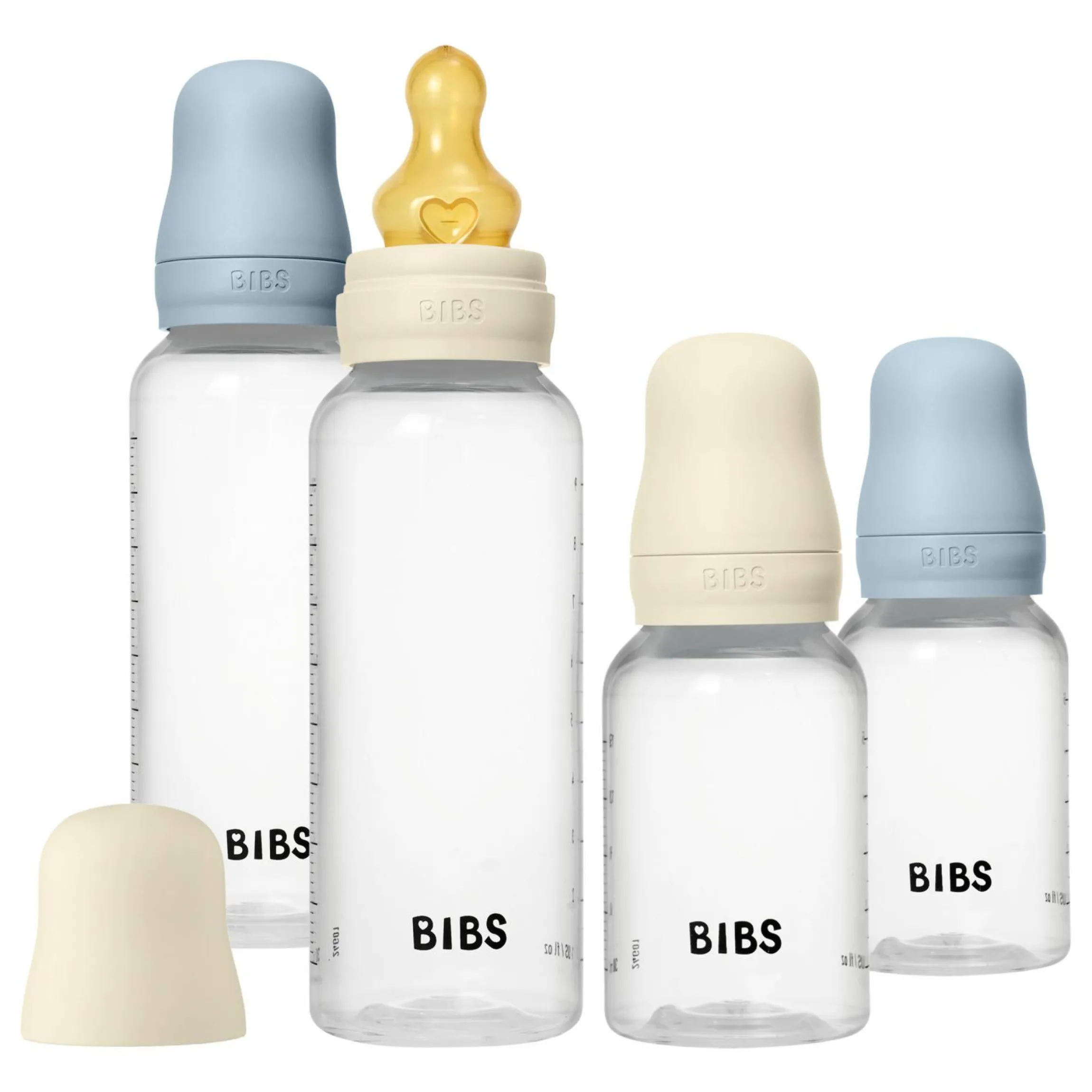 PP-Flasche 4er Pack mit Griff Baby Bottle Round 150 ml & 270 ml + Latex-Trinksauger + Baby Bottle Handle - Ivory / Baby Blue