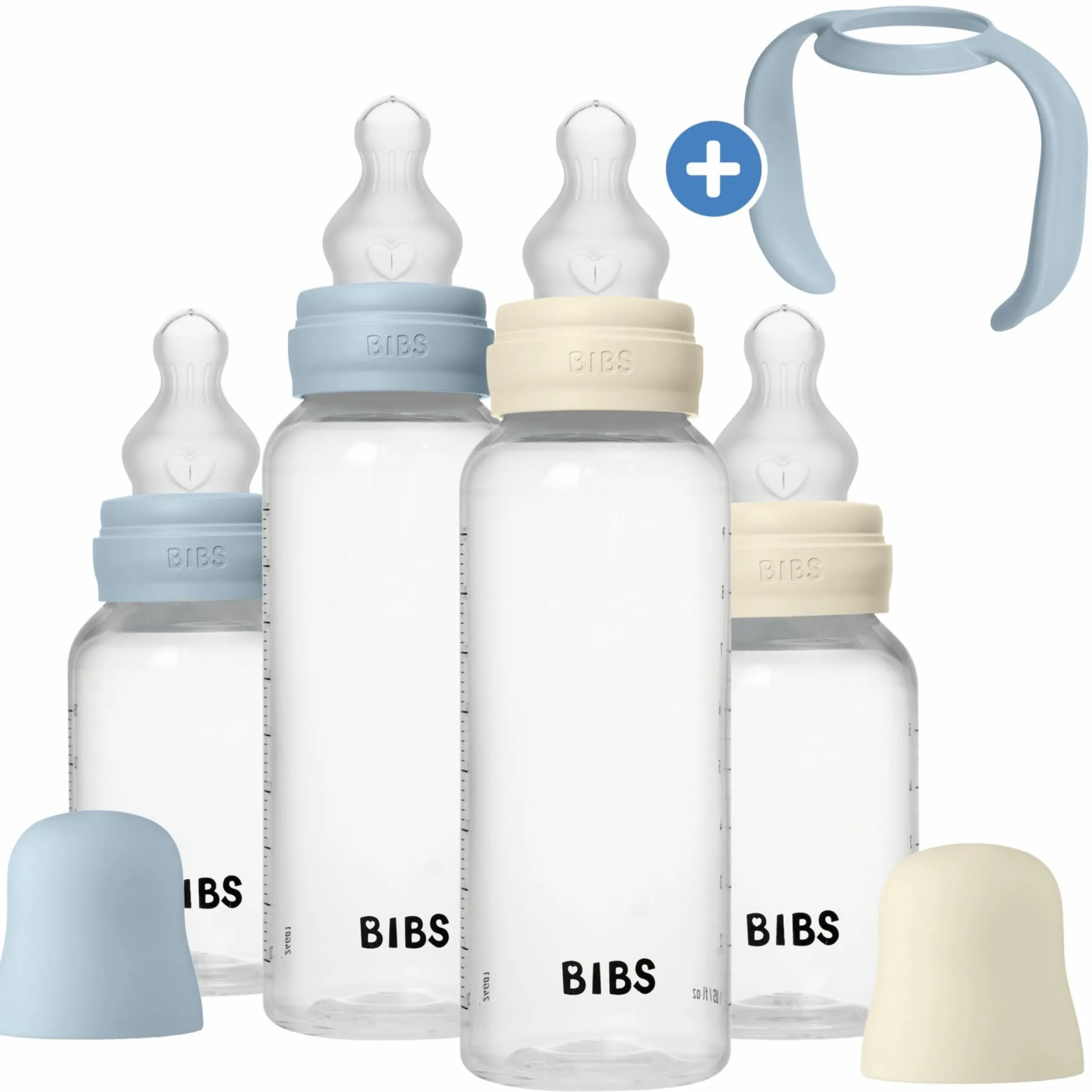 PP-Flasche 4er Pack mit Griff Baby Bottle Round 150 ml & 270 ml + Silikon-Trinksauger + Baby Bottle Handle - Ivory / Baby Blue