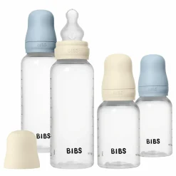PP-Flasche 4er Pack mit Griff Baby Bottle Round 150 ml & 270 ml + Silikon-Trinksauger + Baby Bottle Handle - Ivory / Baby Blue