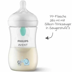 PP-Flasche Natural Response 260ml mit AirFree Ventil + Silikon-Sauger 1M+ - Elefanten