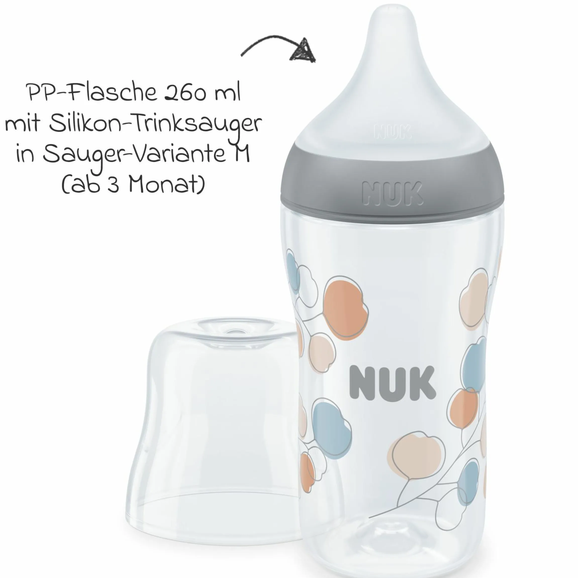 PP-Flasche Perfect Match 260 ml + Silikon-Sauger Gr. M - Zweige - Grau