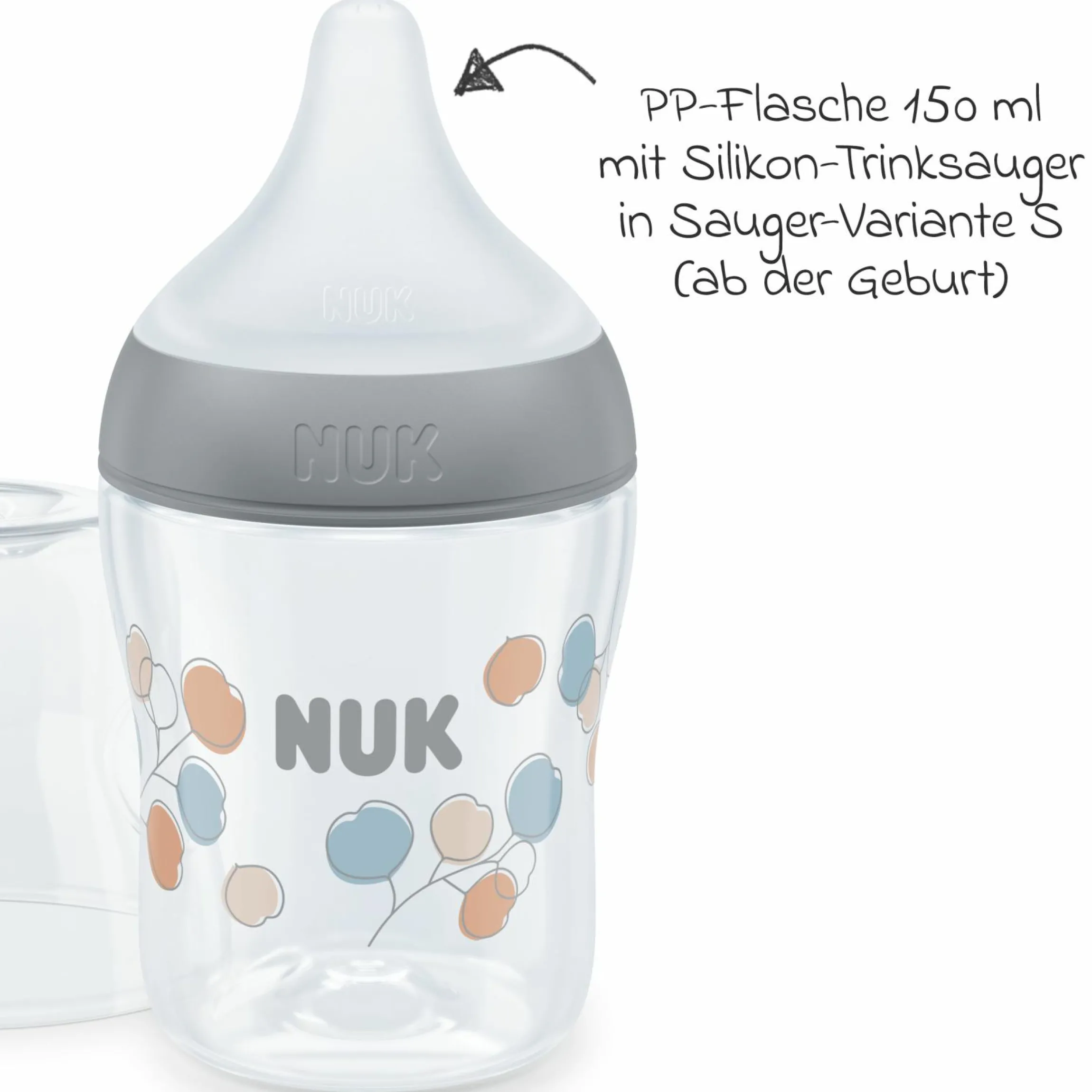 PP-Flasche Perfect Match 150 ml + Silikon-Sauger Gr. S - Zweige - Grau