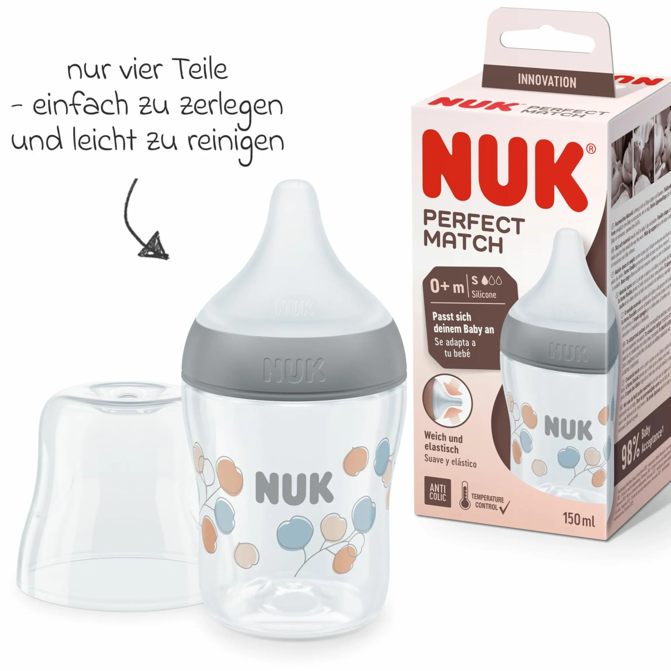 PP-Flasche Perfect Match 150 ml + Silikon-Sauger Gr. S - Zweige - Grau